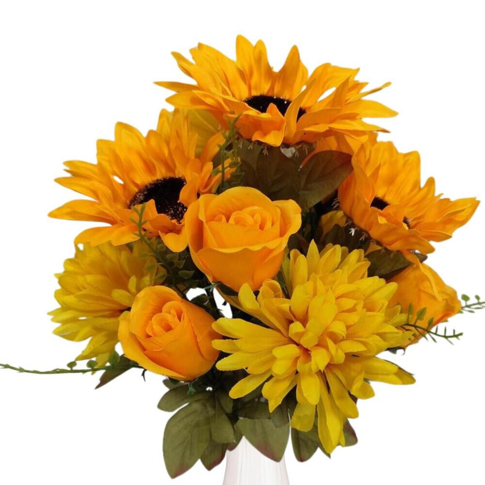 16″ Yellow Gold Artificial Mixed Mum, Sunflower & Rose Floral Bush