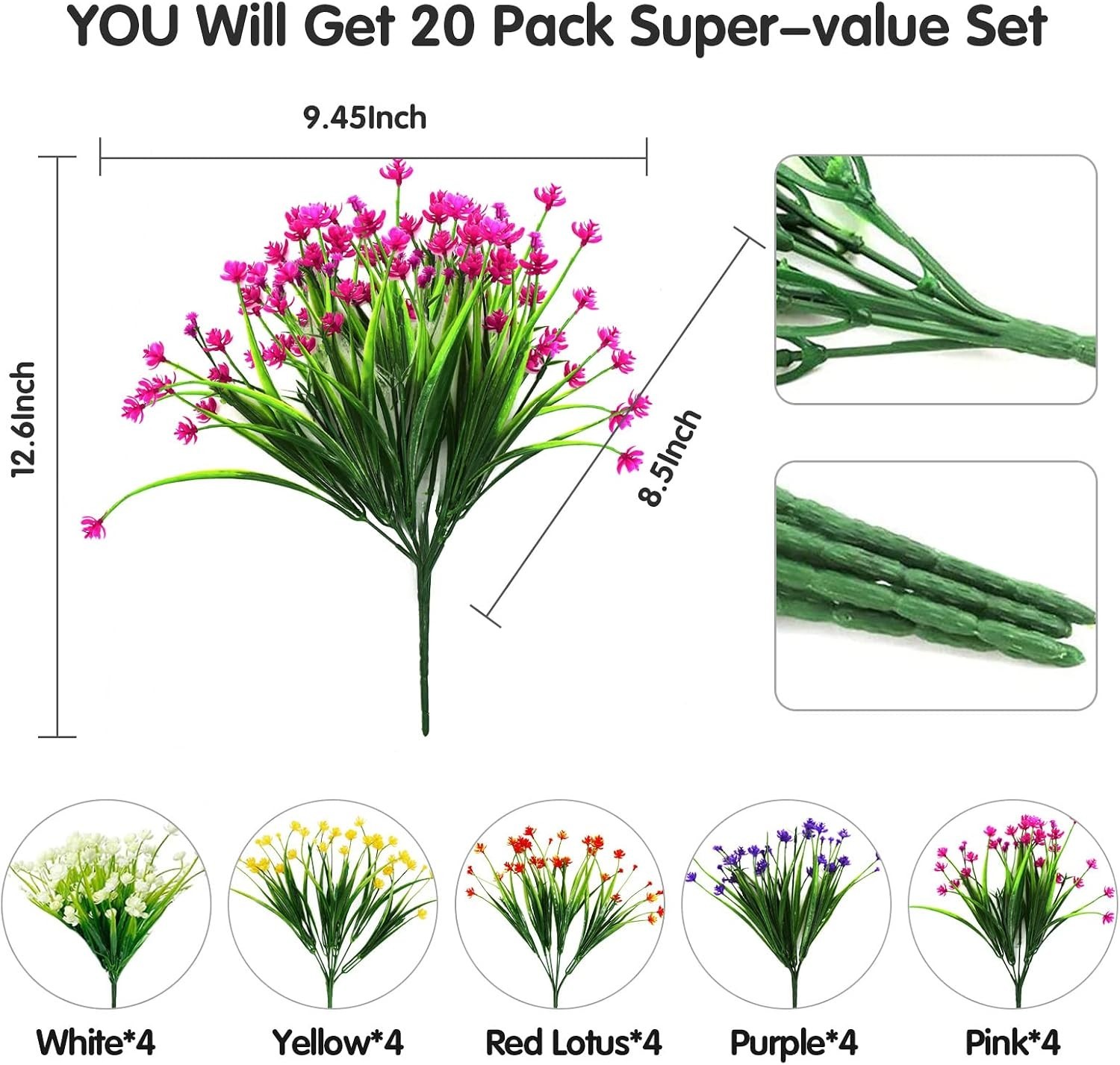 20 Bundles Artificial Fake Flowers, UV Resistant Faux Flowers Arrangement, Fa…