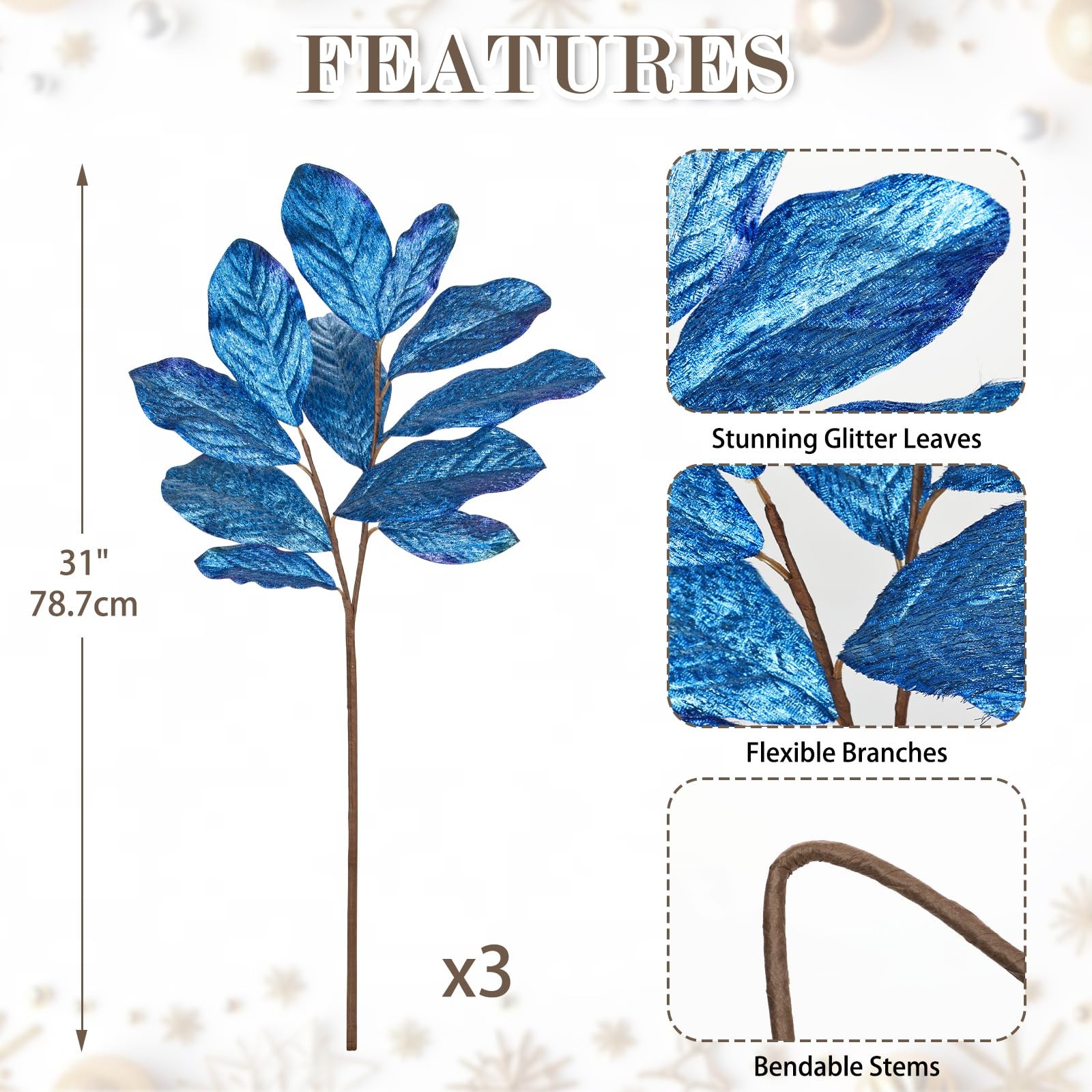 31″ Royal Blue Glitter Magnolia Leaves Stems Picks and Sprays, Artificial Gli…
