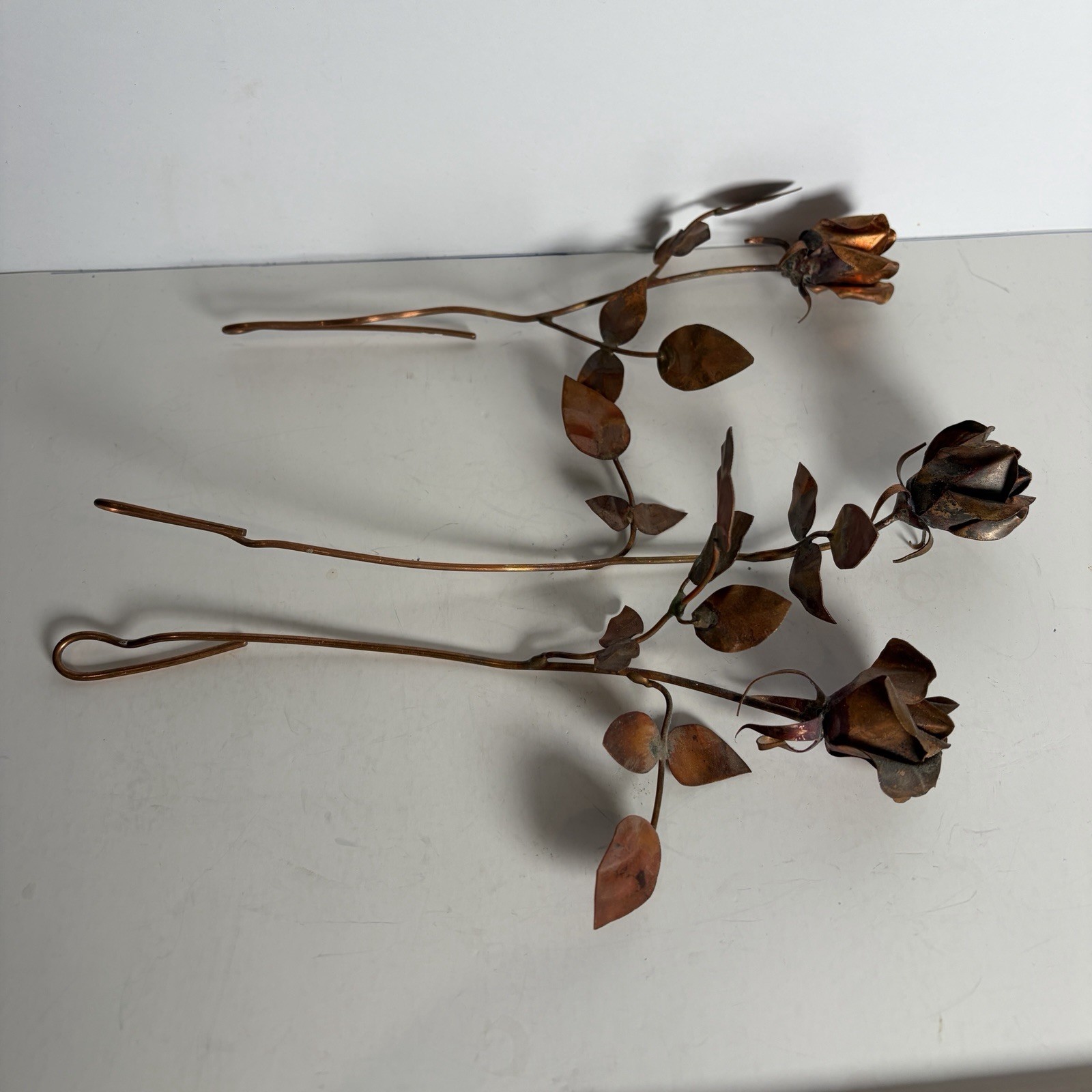 VTG MCM Long Stem Brass Copper Metal Roses Rose Lot of 3 Flowers