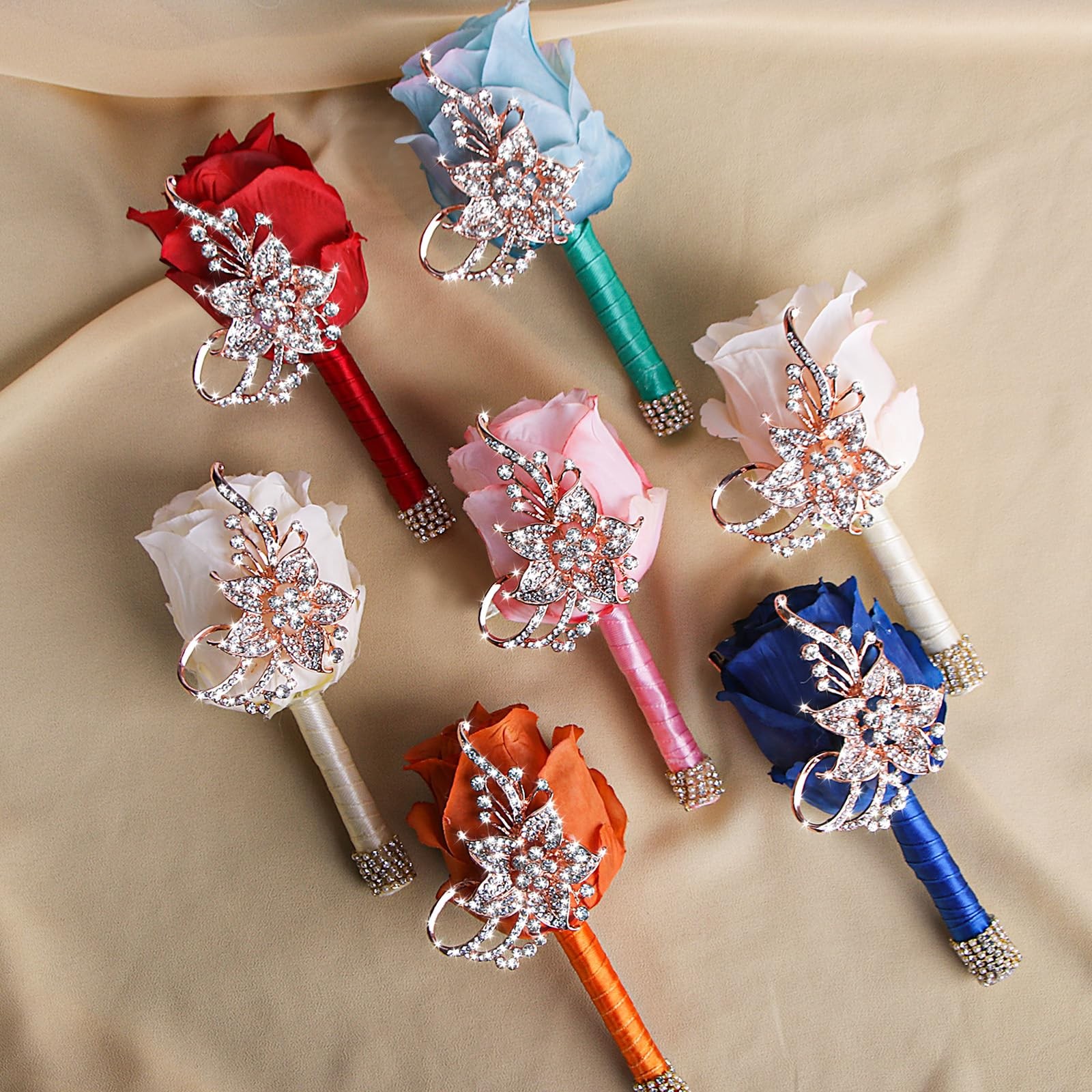 Bling Boutonniere Men Wedding Pocket Pins Groom Suit Artificial Rose Ivory