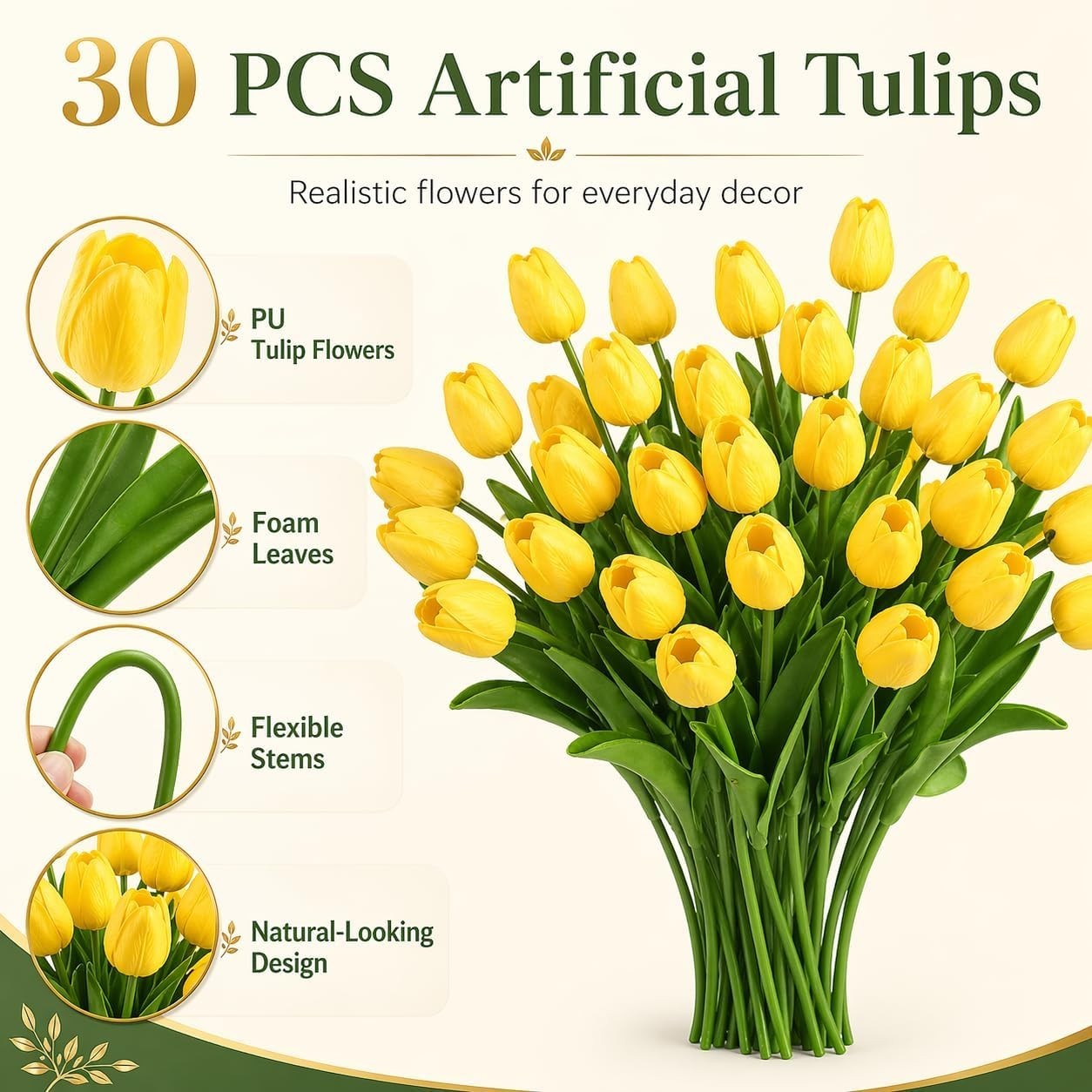 Yellow Artificial Tulip Flowers – 13.7″ 30PCS Real Touch Fake PU Tulips Bouqu…