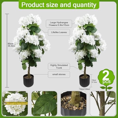 Pcs 3 Ft Artificial Hydrangea Trees Potted, UV Resistant Faux Silk 2 White