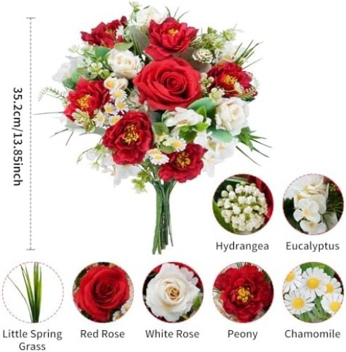Artificial Flowers Red Rose Peony Hydrangea Silk Flowers,Bridesmaid Flower Bouqu
