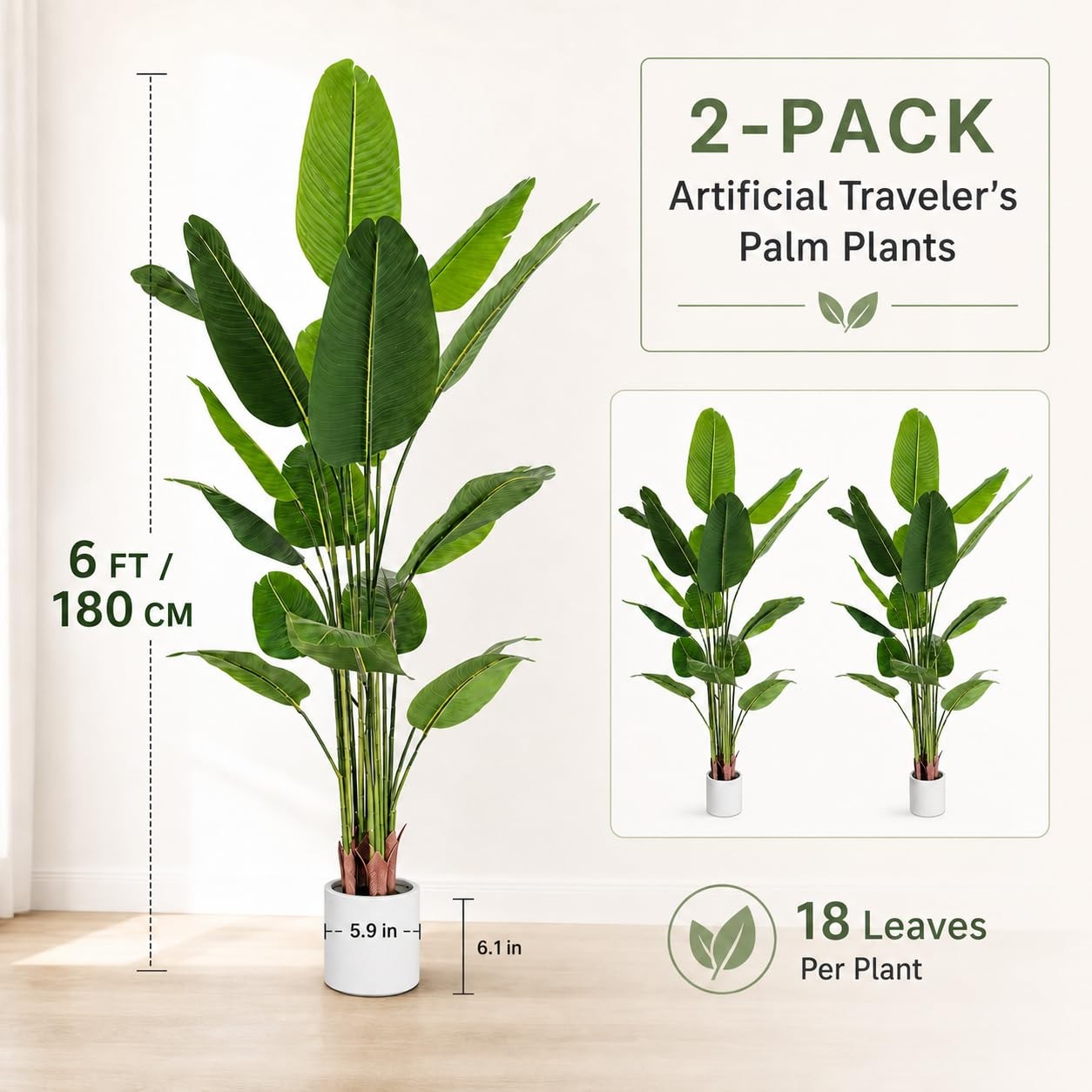 Bird of Paradise Artificial Plant 6 ft Tall Faux Banana Leaf Tree, 2 Pack