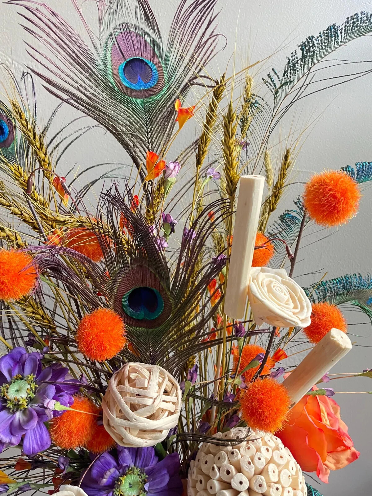 Peacock Centerpiece: Earthy Floral Arrangement, Cute Purple & Orange Room Decor