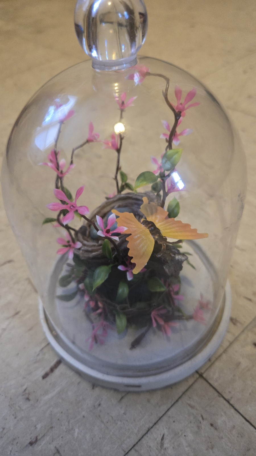 Artificial Floral Arrangement Glass Dome with Bird Nest, Eggs, Butterfly, Pink …