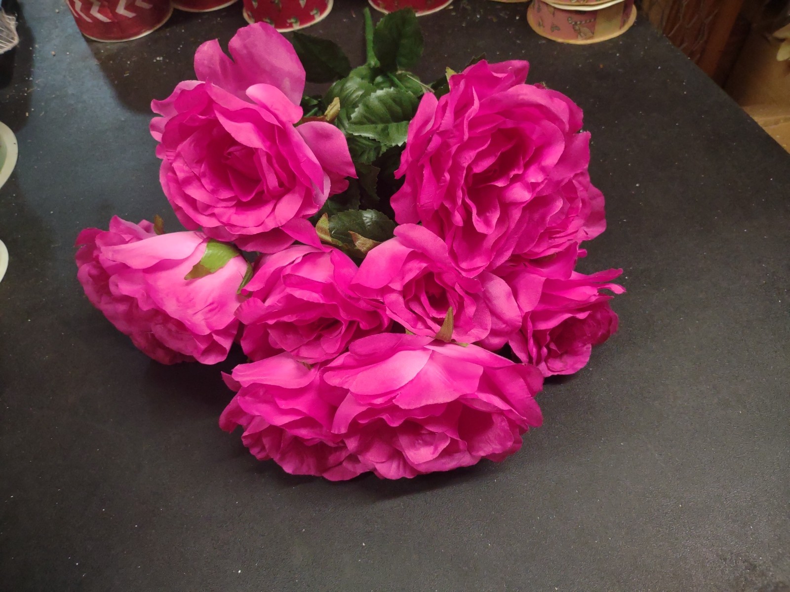 Big Mixed Pearl Rose Bush, Fuchsia Hot Pink Silk, 5″ Large Roses, 12 Stems