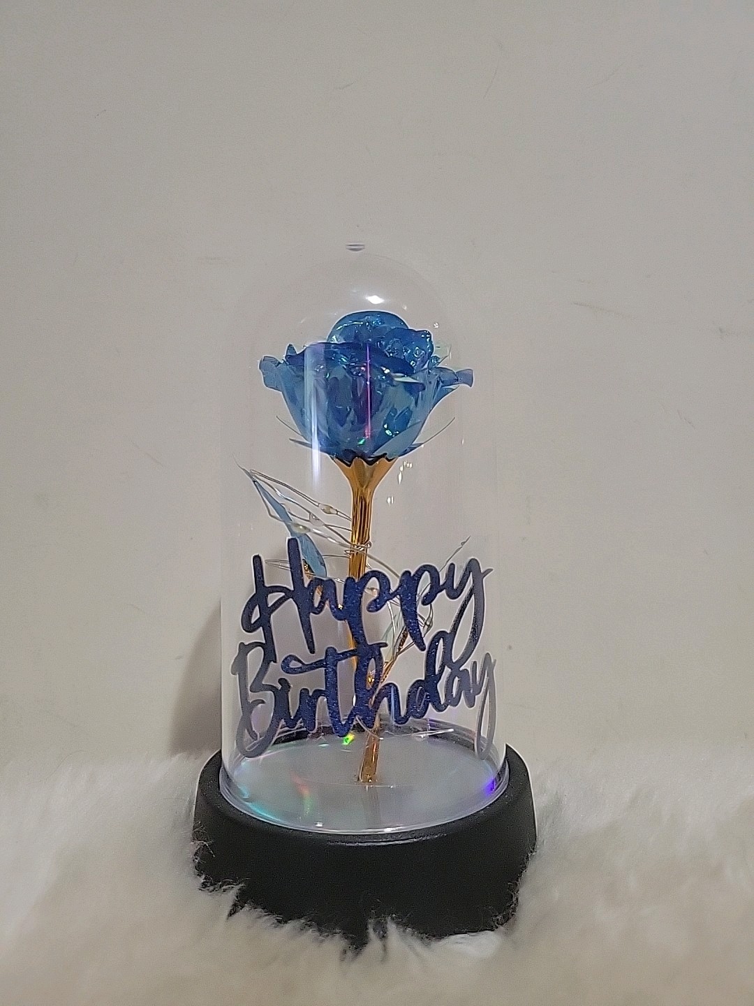 New with Box – Crystal Rose with LED Light In Dome Cover – Happy Birthday – blue