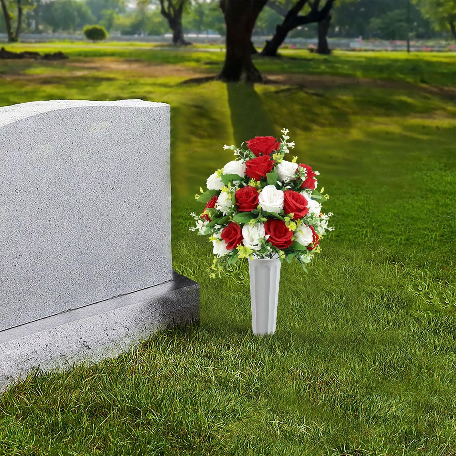 2pcs Artificial Cemetery Flowers with Vase, Silk Memorial Day Rose Flowers Bo…