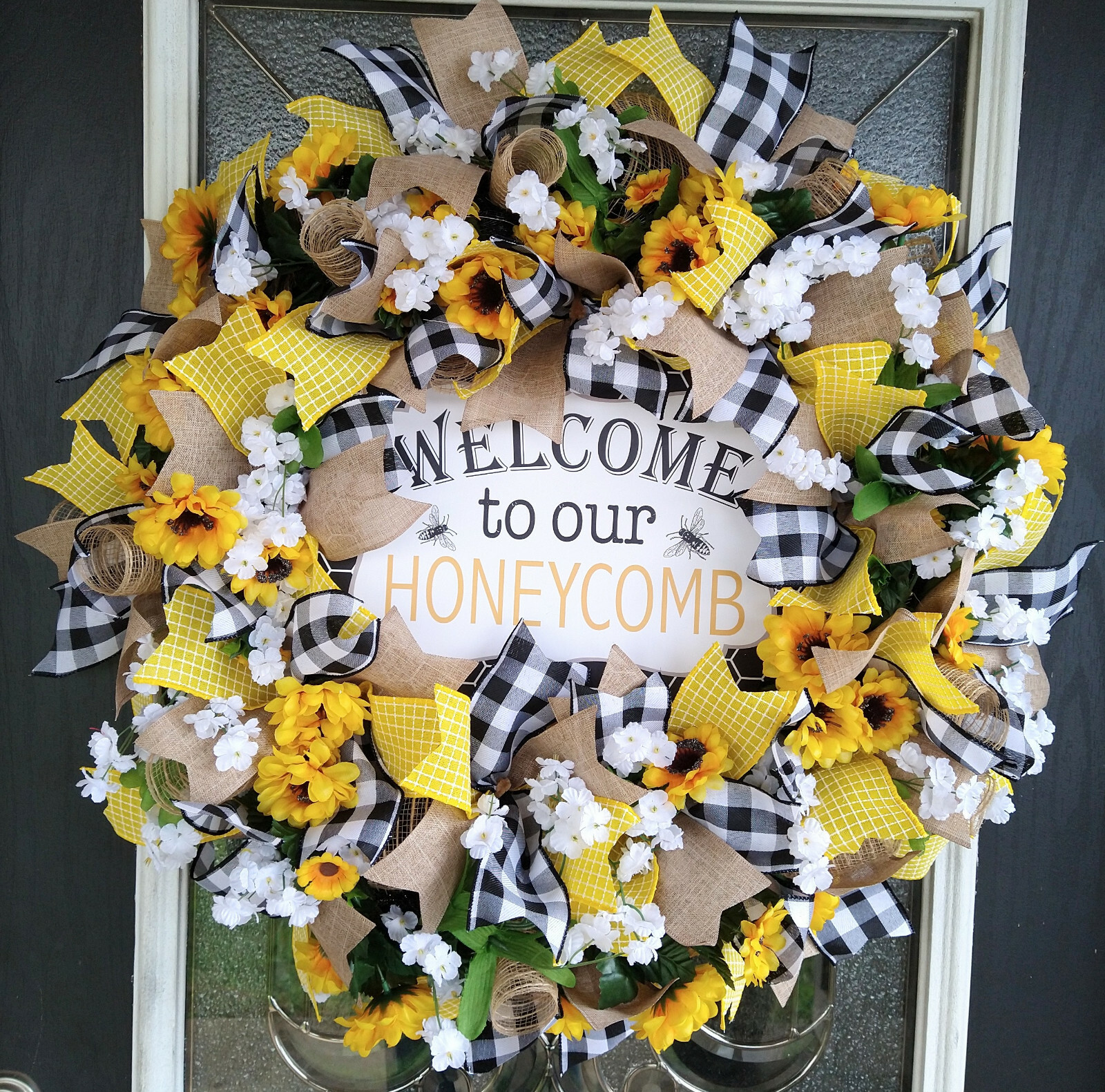 Welcome Honeycomb Bee Summer Sunflower Country Farmhouse Door Deco Mesh Wreath