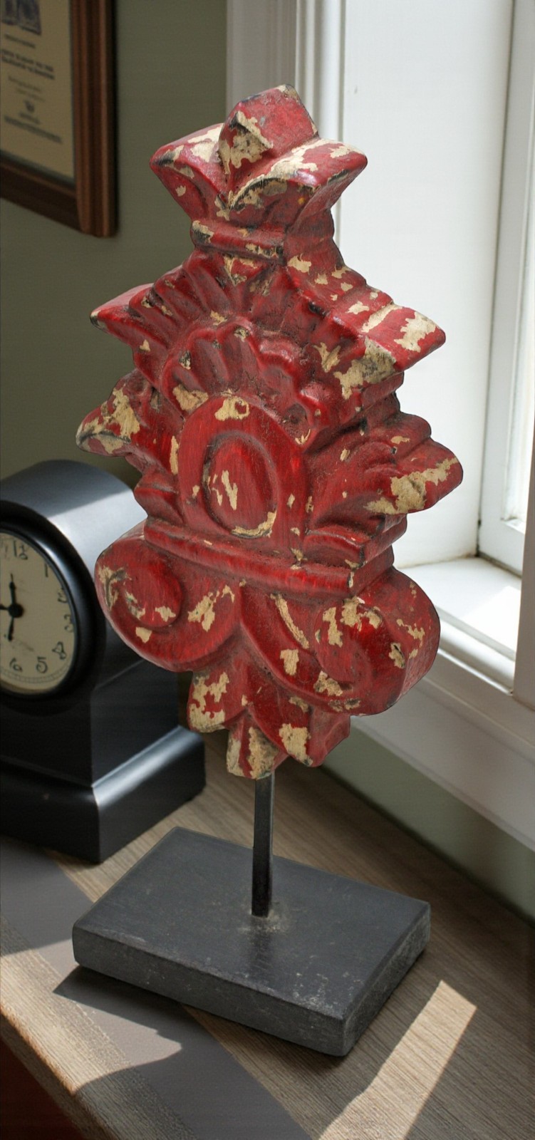 Hand Carved Wooden Flower Carving Panel Plaque on Stand Rustic Red Painted