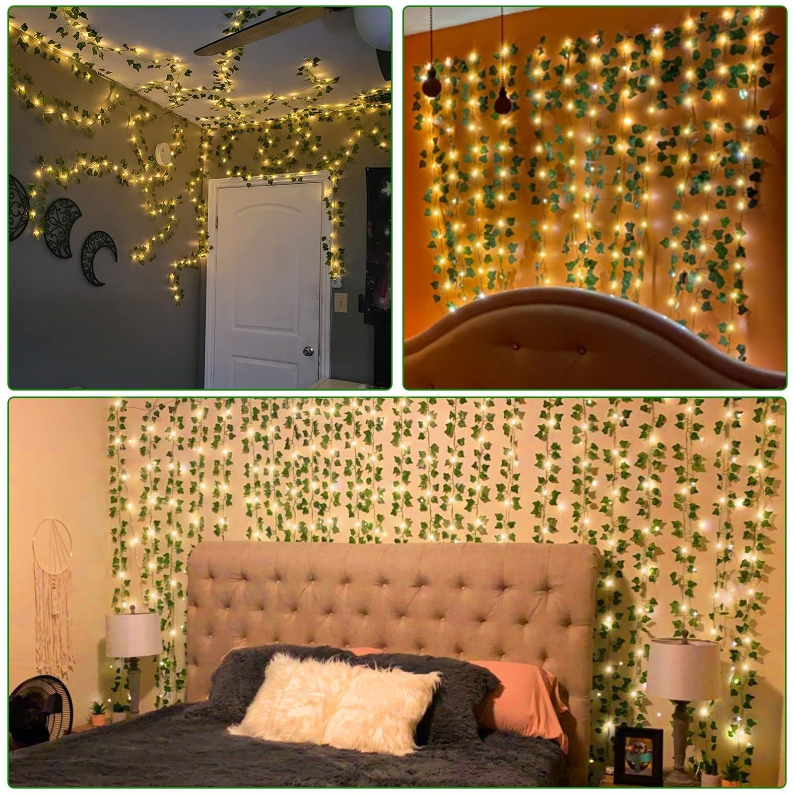 12 Pack Fake Vines 84Ft with 100 Lights & Timer, Thick Green Leaves, Faux Ivy Ga
