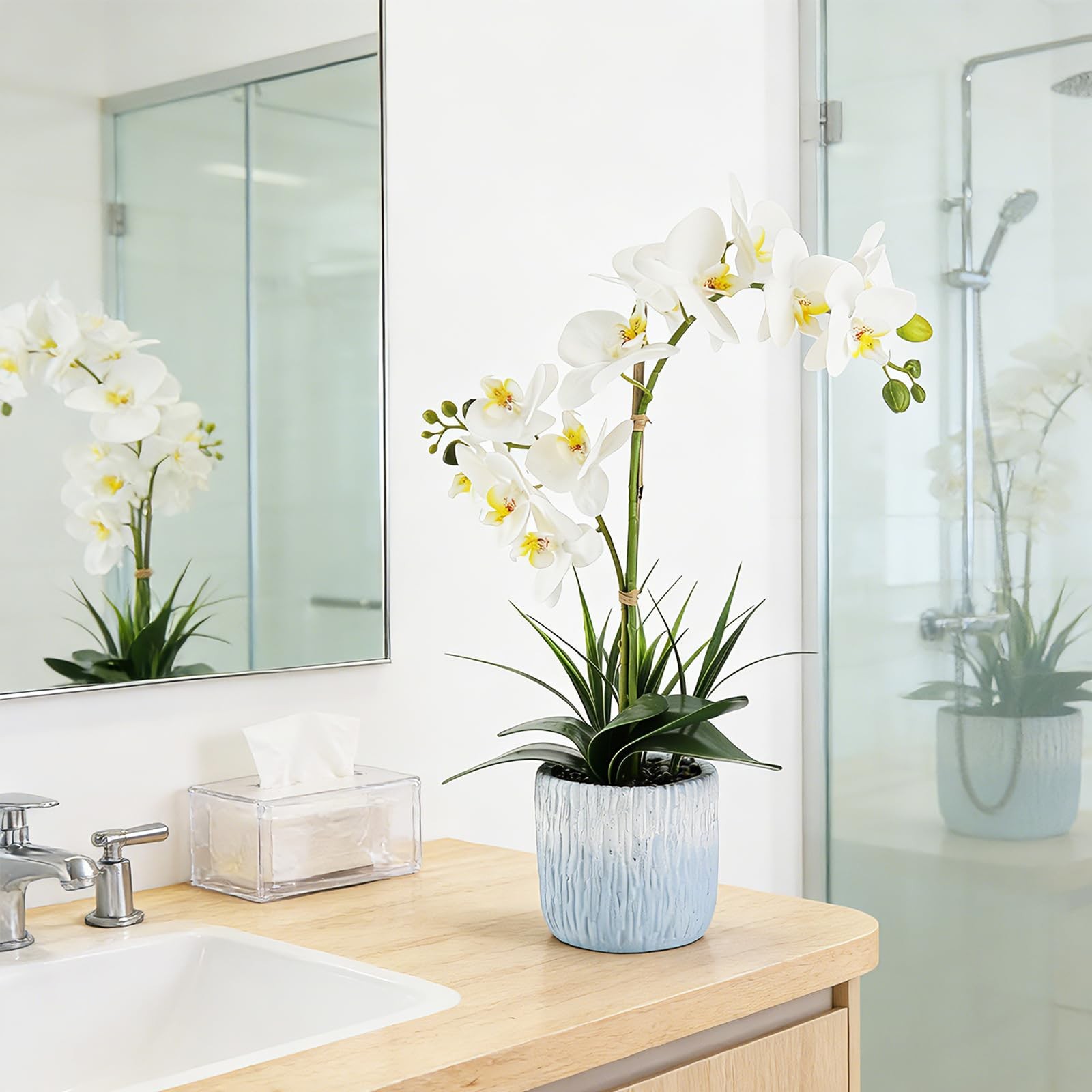 Orchid Artificial Flowers 20.6″ White Fake Orchid Flowers in White Ceramic Po…