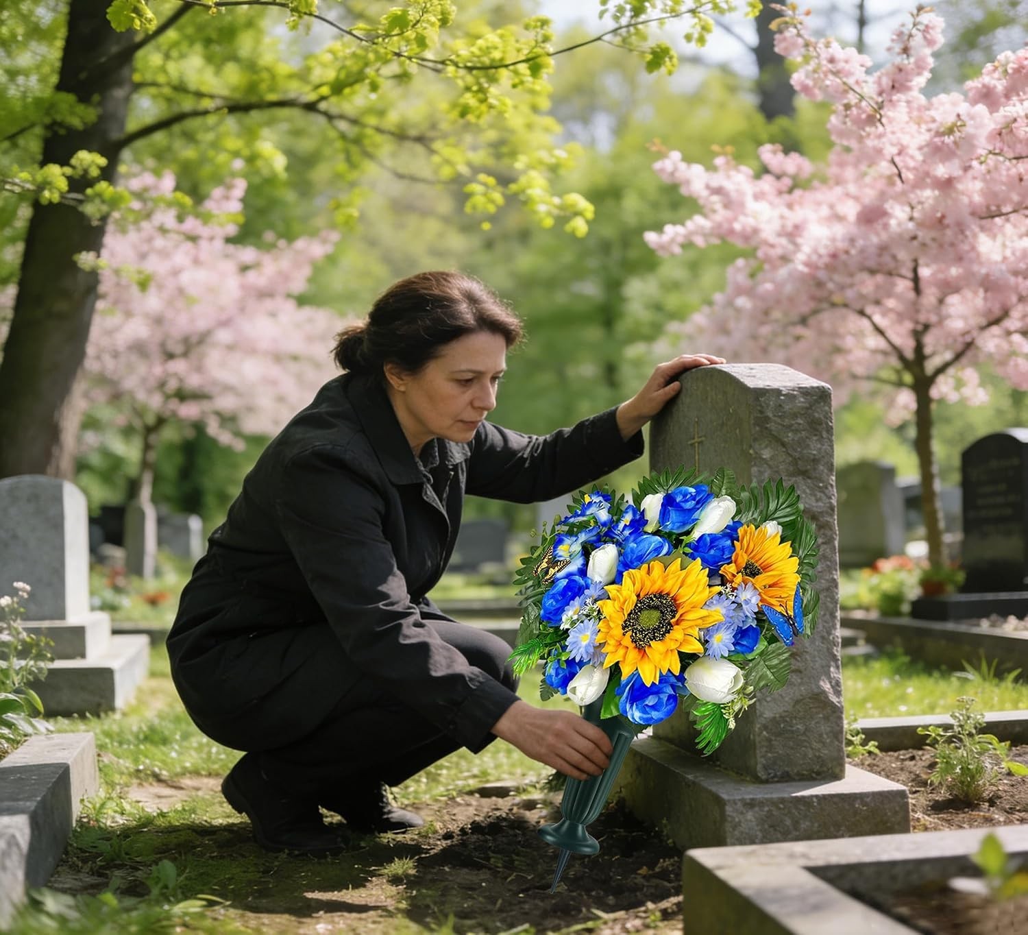 Artificial Cemetery Flowers – Vibrant Sunflower Tulip, Outdoor Grave Decorati…