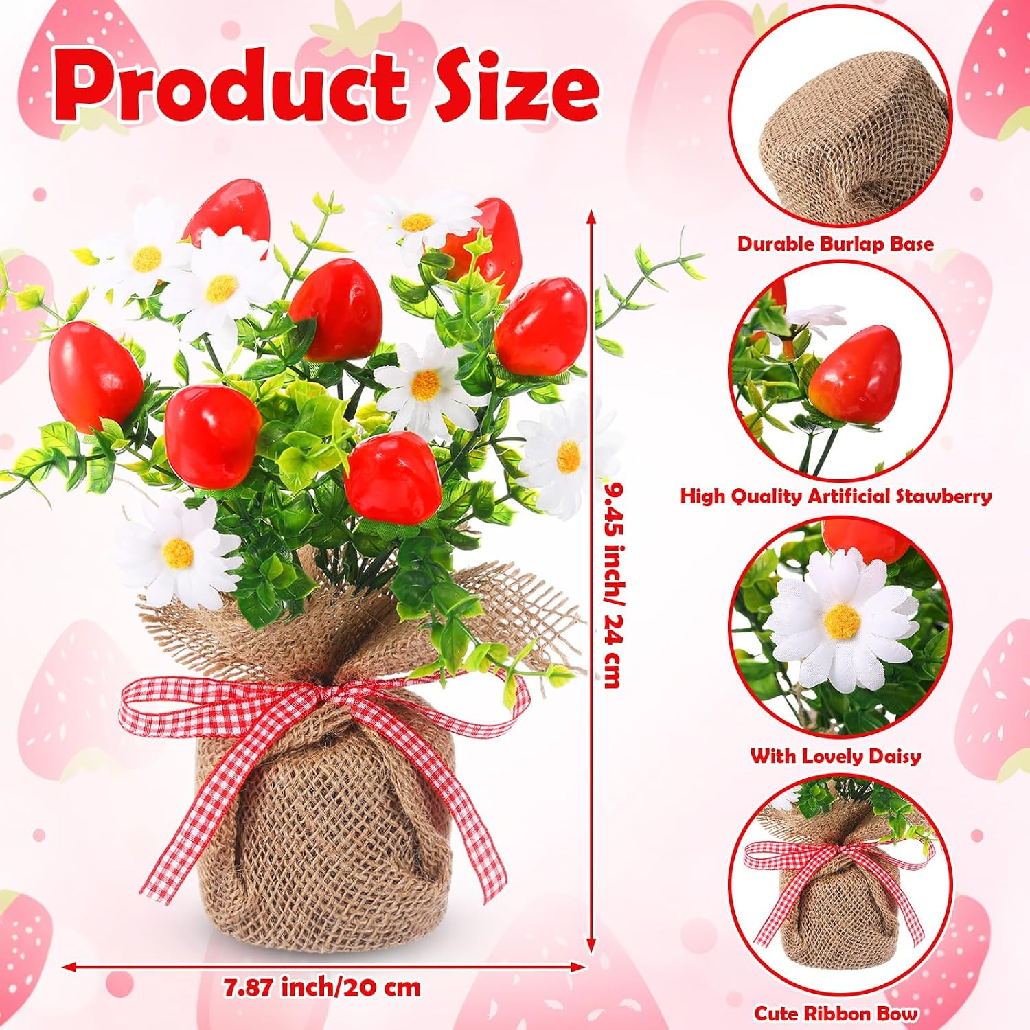 6 Pack Faux Strawberry Centerpieces in Burlap Vase for Parties & Home Decor