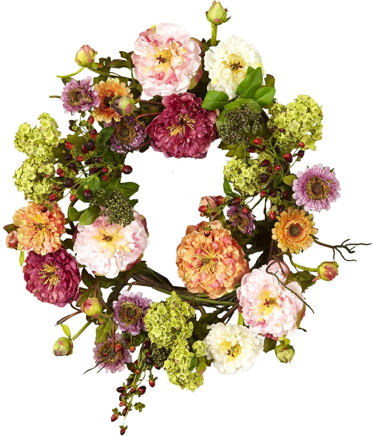 24In Artificial Peony Wreath Multicolor Faux Floral Spring Wreath for Front Door