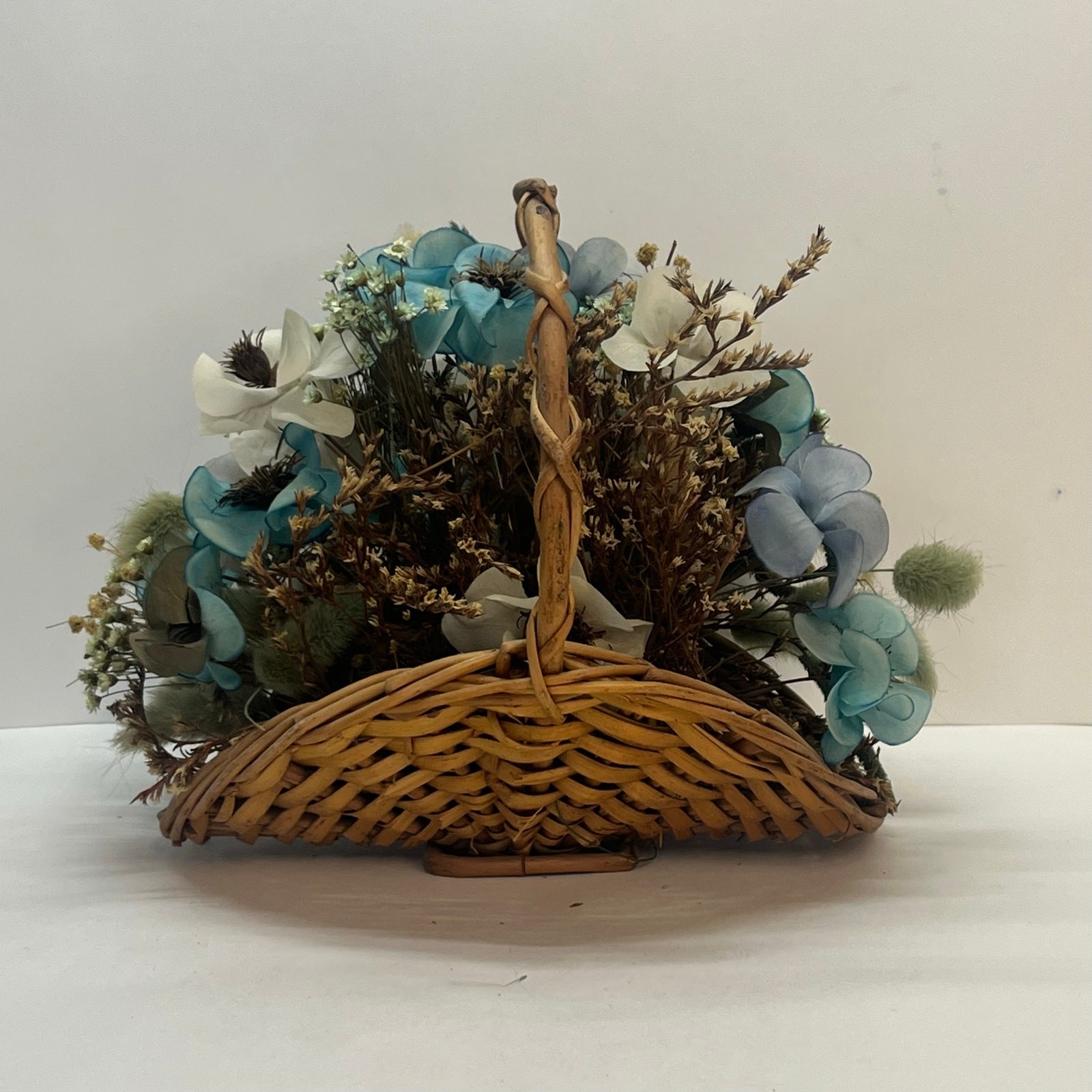 Blue and White Floral Arrangement in Woven Wicker Basket Rustic Centerpiece