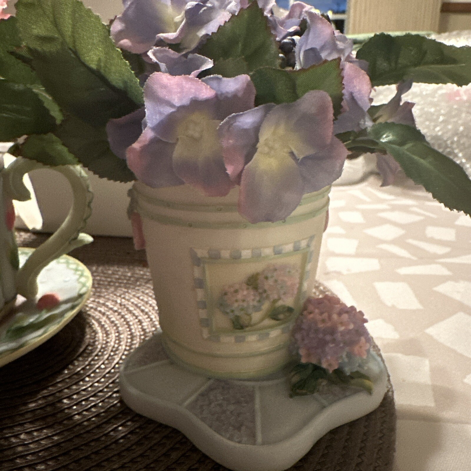 Set of 2 Resin Teacup Mug & bucke Faux Flowers A Richesco Corp CottageCore Decor