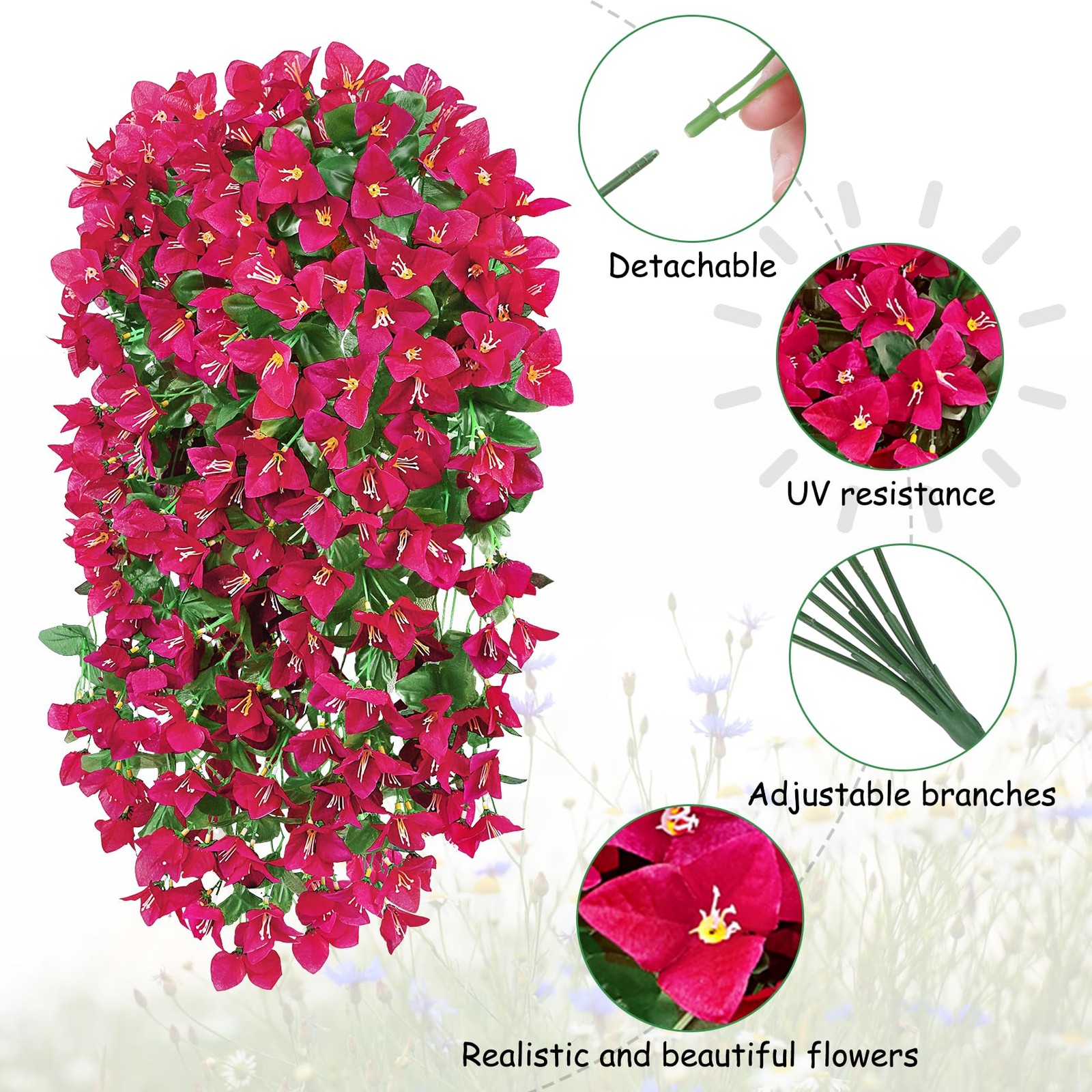 3 Pcs Artificial Hanging Bougainvillea Silk Flowers Trailing Vines UV Resistant