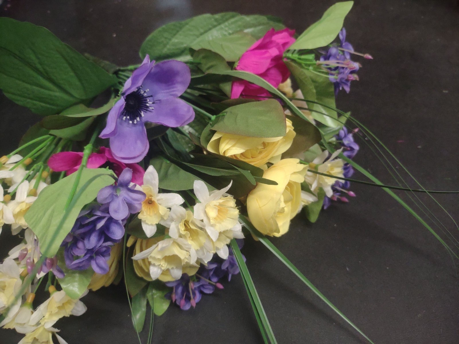 14″ Silk Ranunculus & Anemone Mixed Bouquet Bush, 13 Stems, Yellow Blue Fuchsia