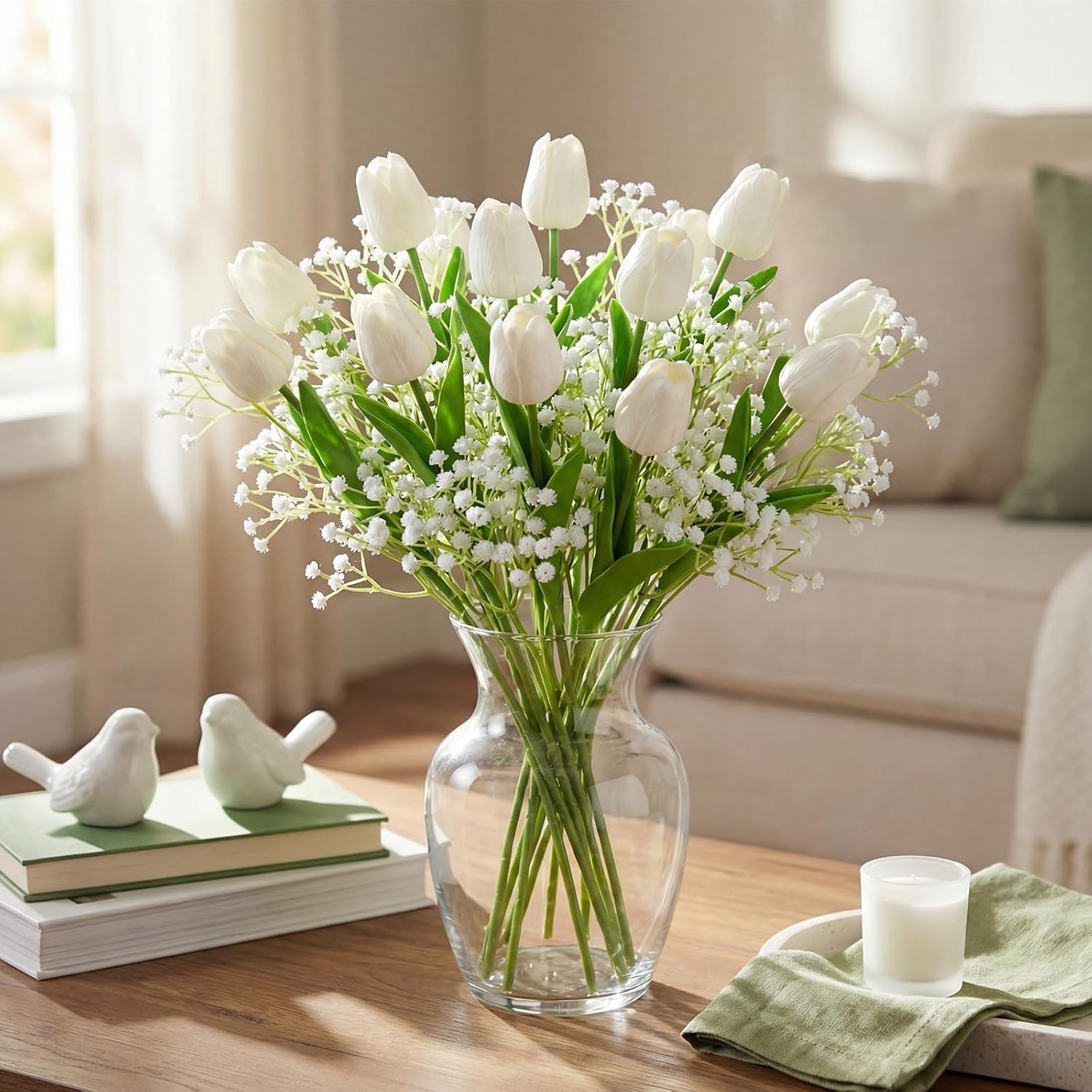40× White Tulips Artificial Flowers with Baby’s Breath Silk Touch Faux Bouquet