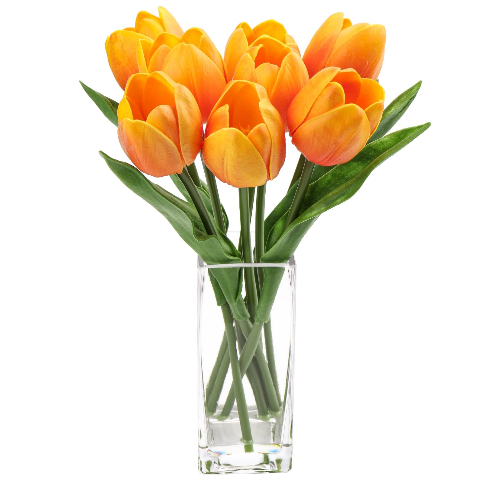 Orange Artificial Tulip Fake Flowers Clear Vase Real Touch Arrangement