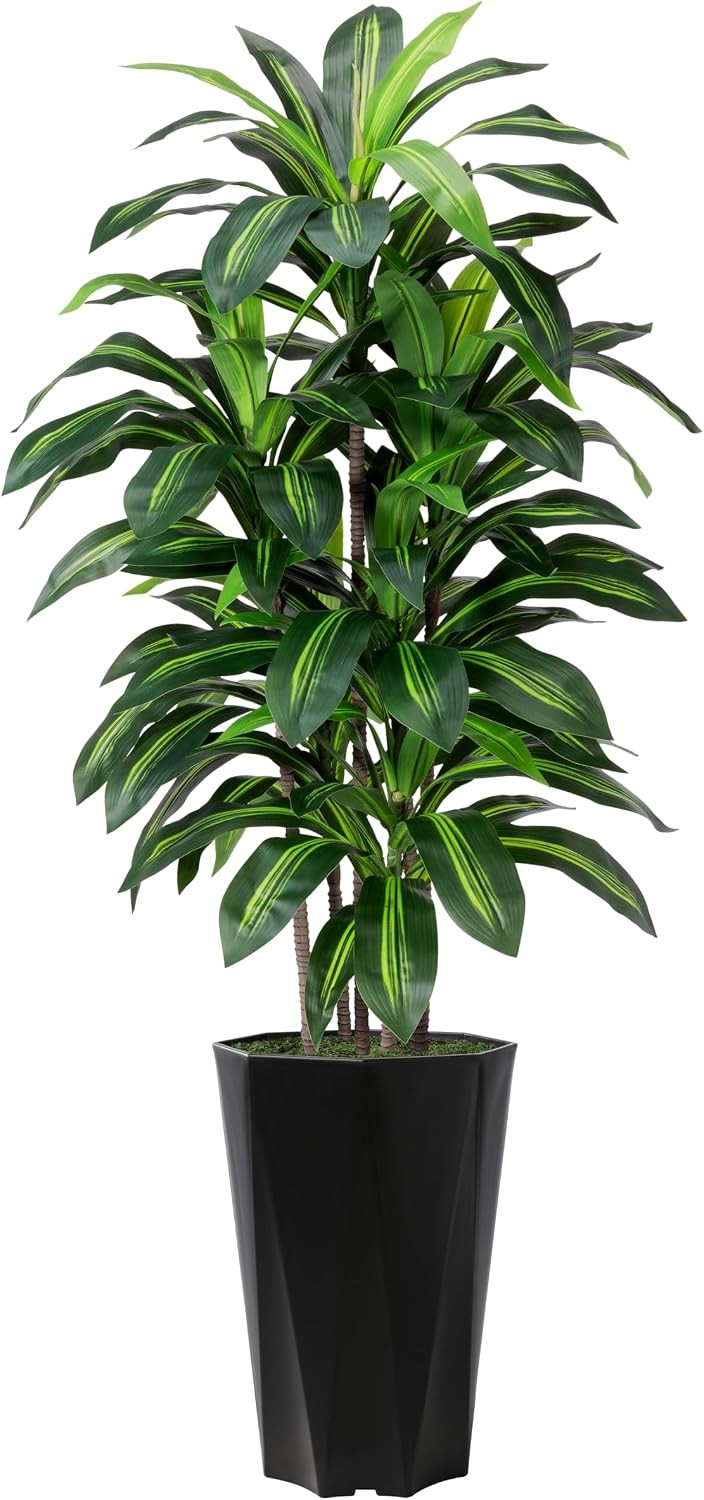 Artificial Dracaena Tree 5FT – Faux Plant with Black Diamond Planter – Tall Fake