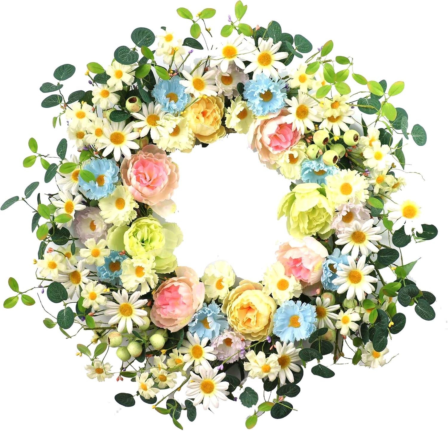 24″ Colorful Floral Wreath – Artificial Daisy & Rose for Spring/Summer Decor