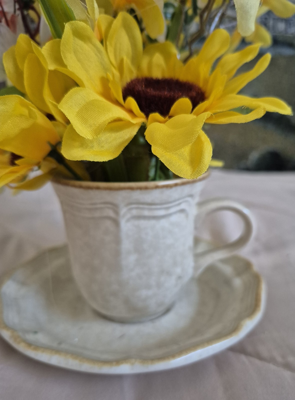 Artificial Sunflower Floral Arrangement in Ceramic Cup and Saucer Yellow