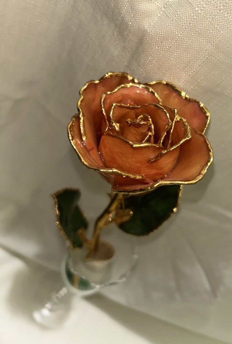 24K Gold Trimmed Real Peach Forever Rose Crystal Vase Green Glass Keepsake