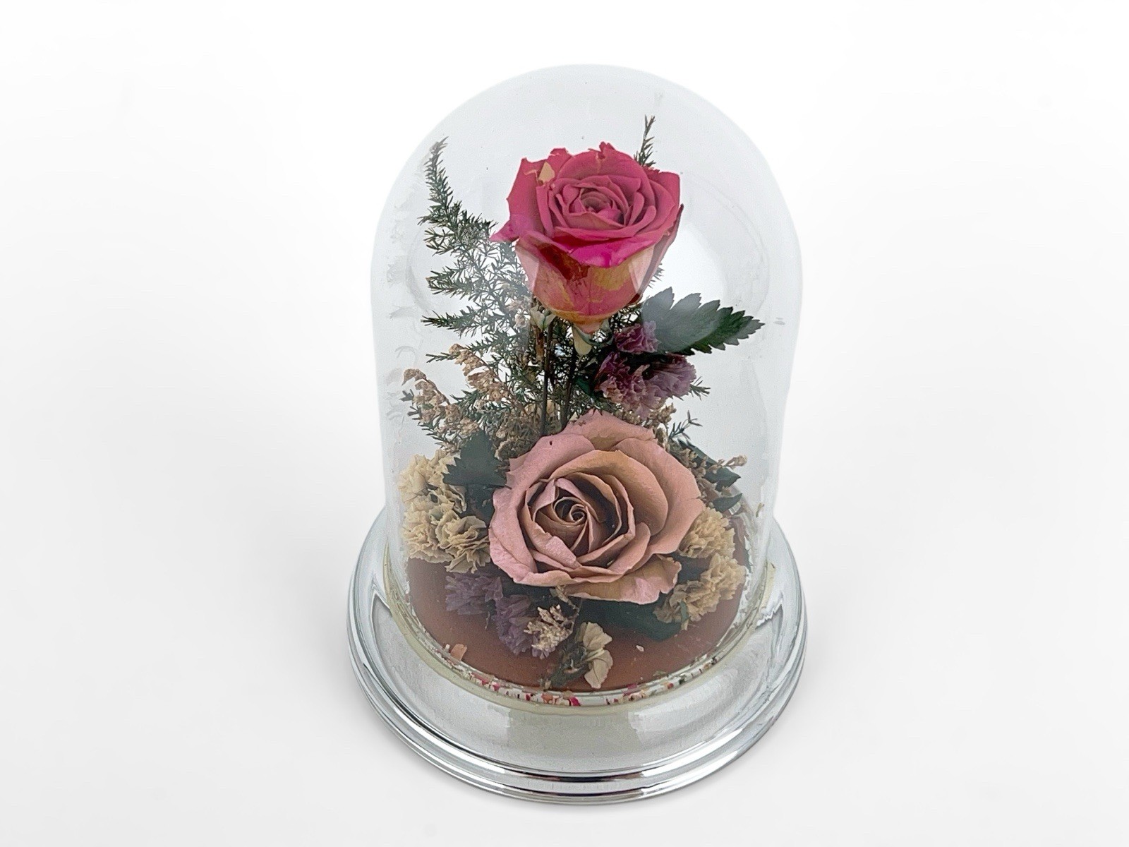 Vintage Dried Pink Rose Flower Arrangement Preserved in 5″ Glass Dome