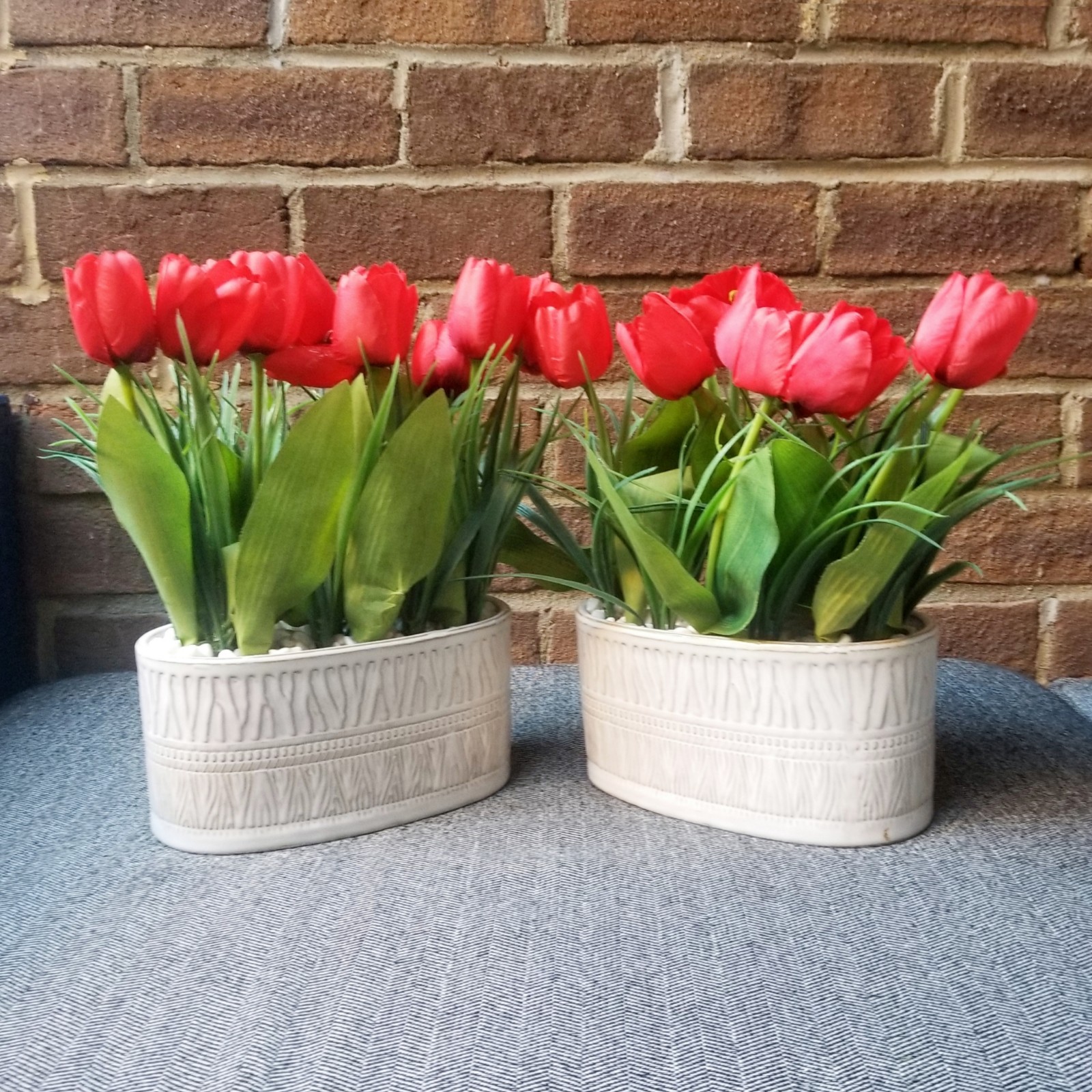 Red Tulips Flowers Planters Artificial Potted Houseplants White Pots Fake Set x2