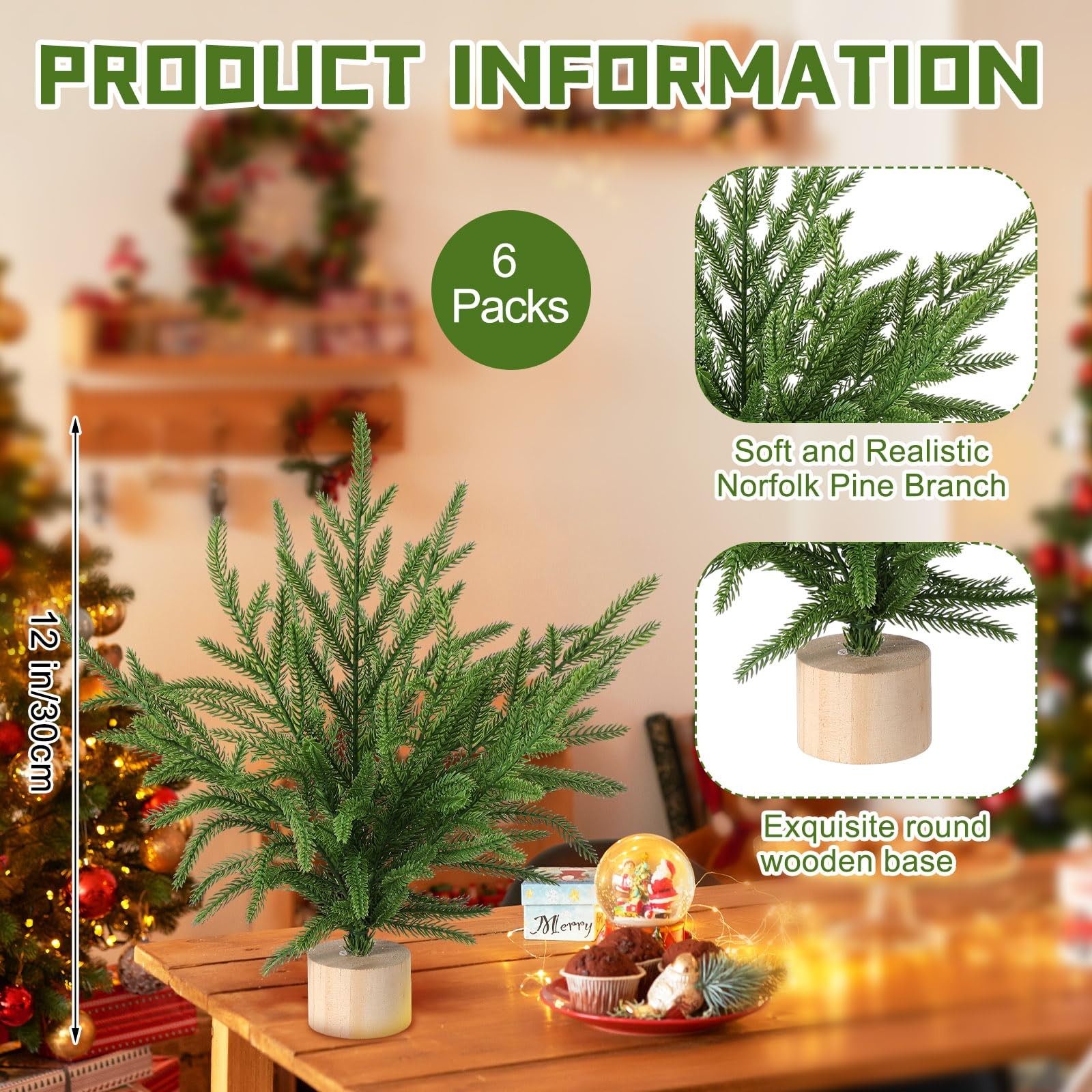 6 Pcs Artificial Norfolk Pine 12” Mini Tabletop Tree Bough Decor Christmas N…