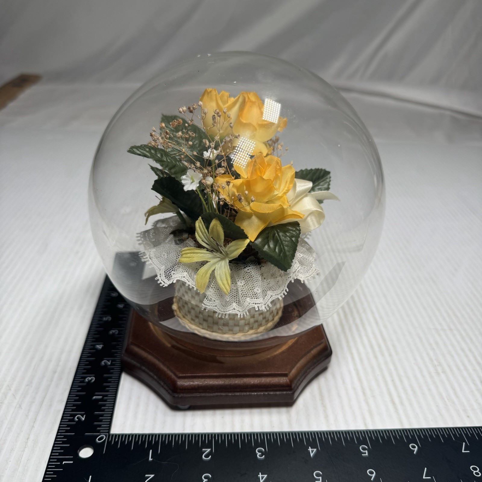 Vintage Glass Dome Terrarium w/ faux silk flowers & Greenery