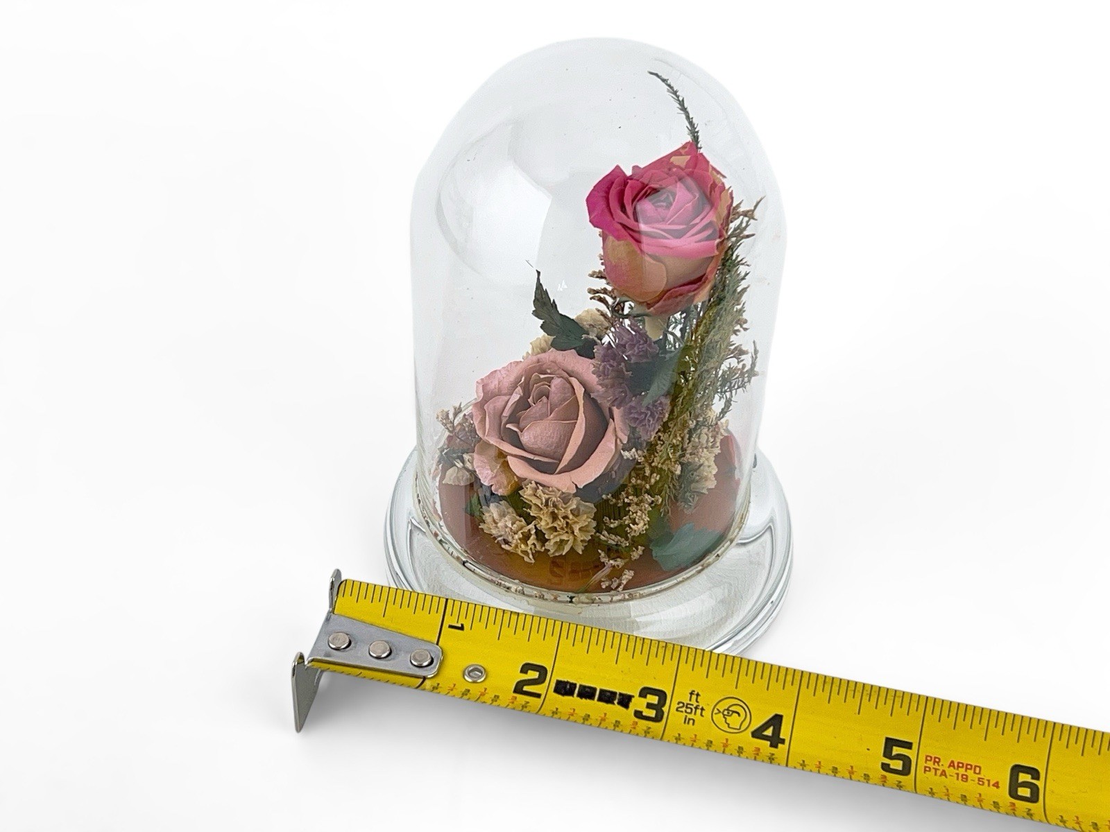 Vintage Dried Pink Rose Flower Arrangement Preserved in 5″ Glass Dome