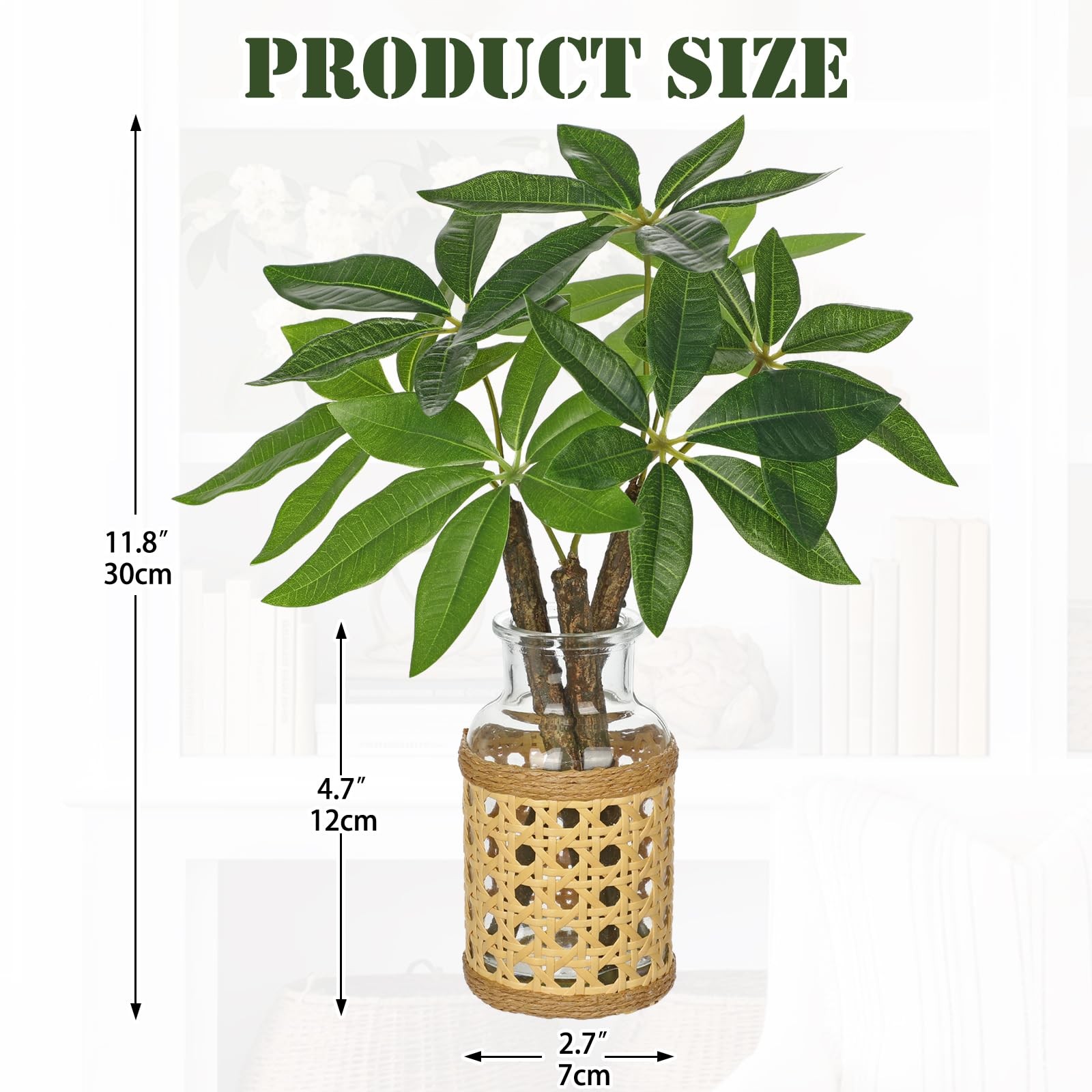 Fake Money Tree Leaves Stems in Woven Glass Vase with Faux Water 11.8″ Artifi…