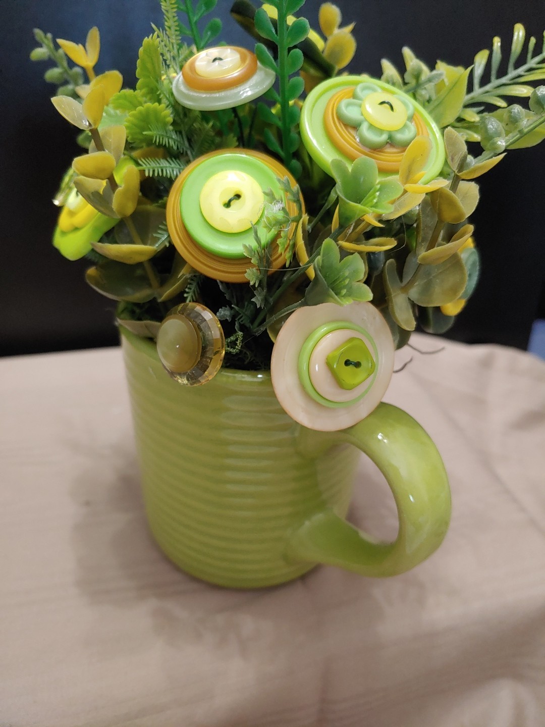 Green Yellow Button Flower Bouquet In Lime Green Coffee Mug Vintage