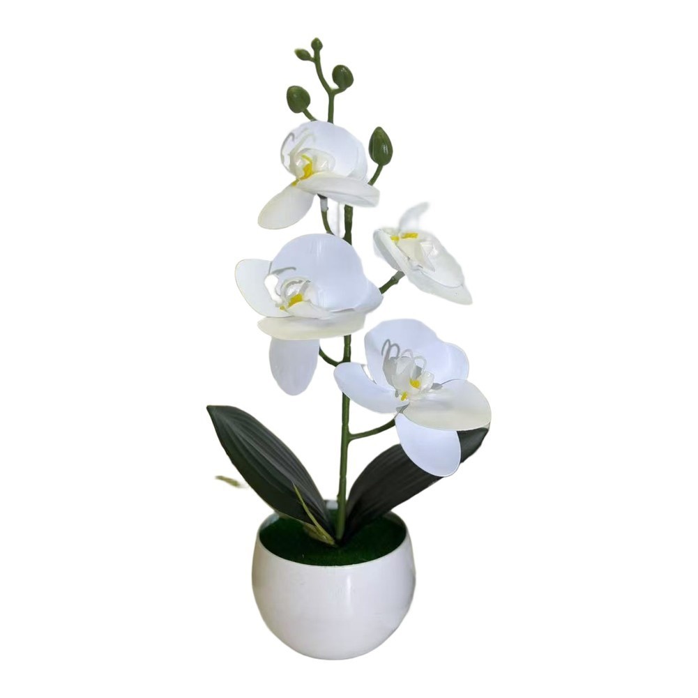 Faux Orchid Four Flower Bonsai in Small Round Belly Pot for Home Office
