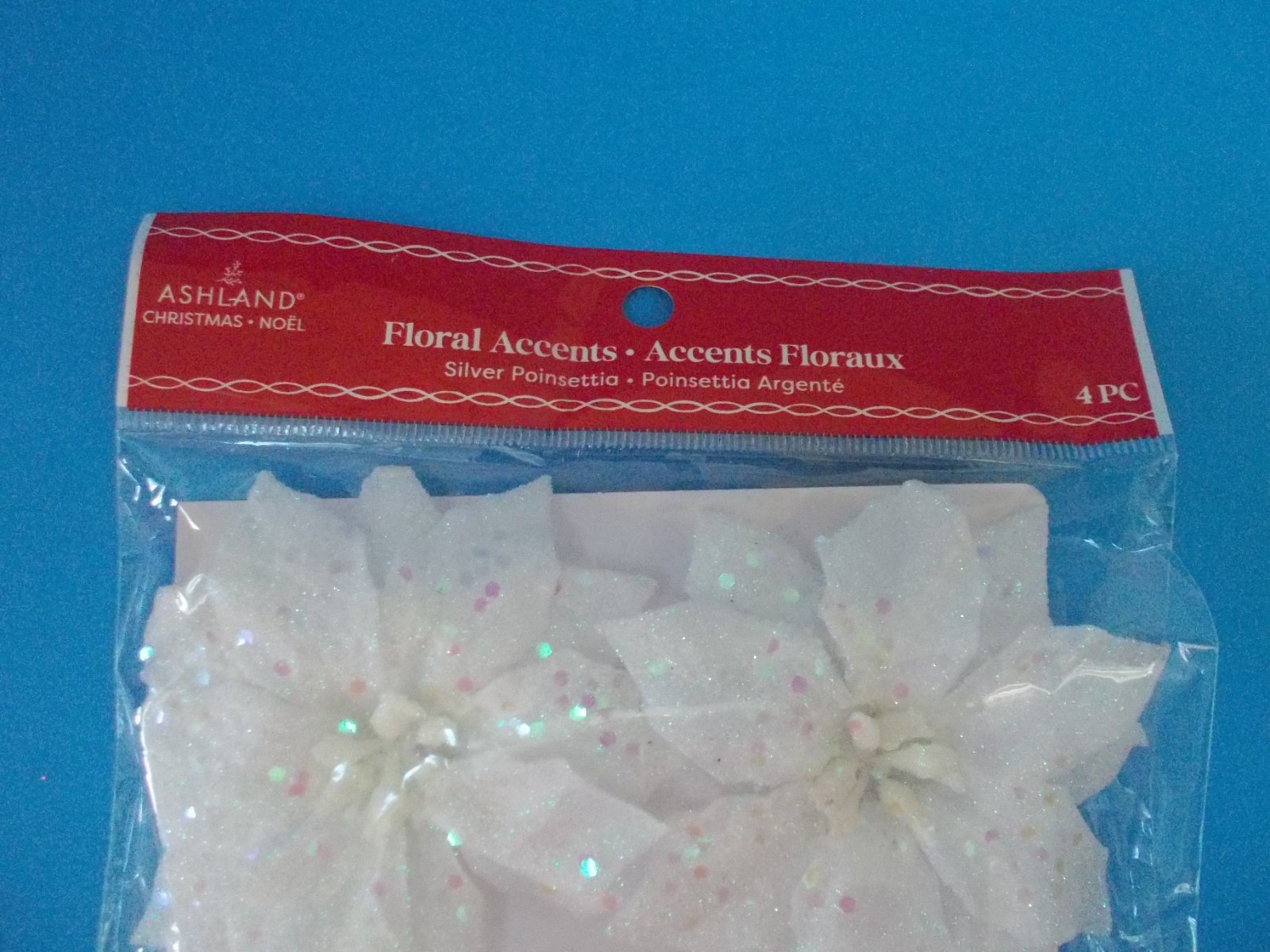 NEW ASHLAND Set of 4 White w/ Silver Poinsettia Floral Accents Wreaths Decor