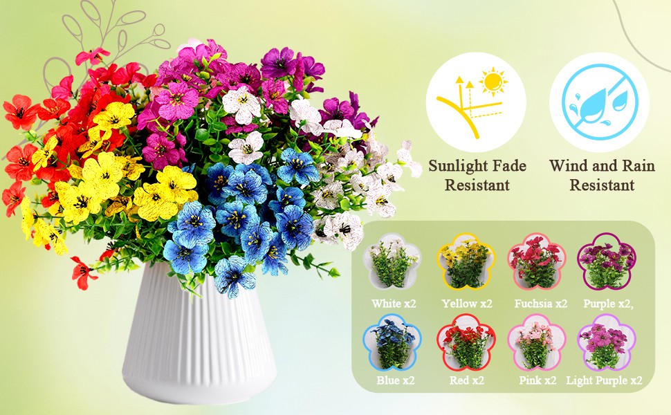 Artificial Flowers for Outdoors, 16 Bundles UV Resistant Fake Outdoor Flowers,