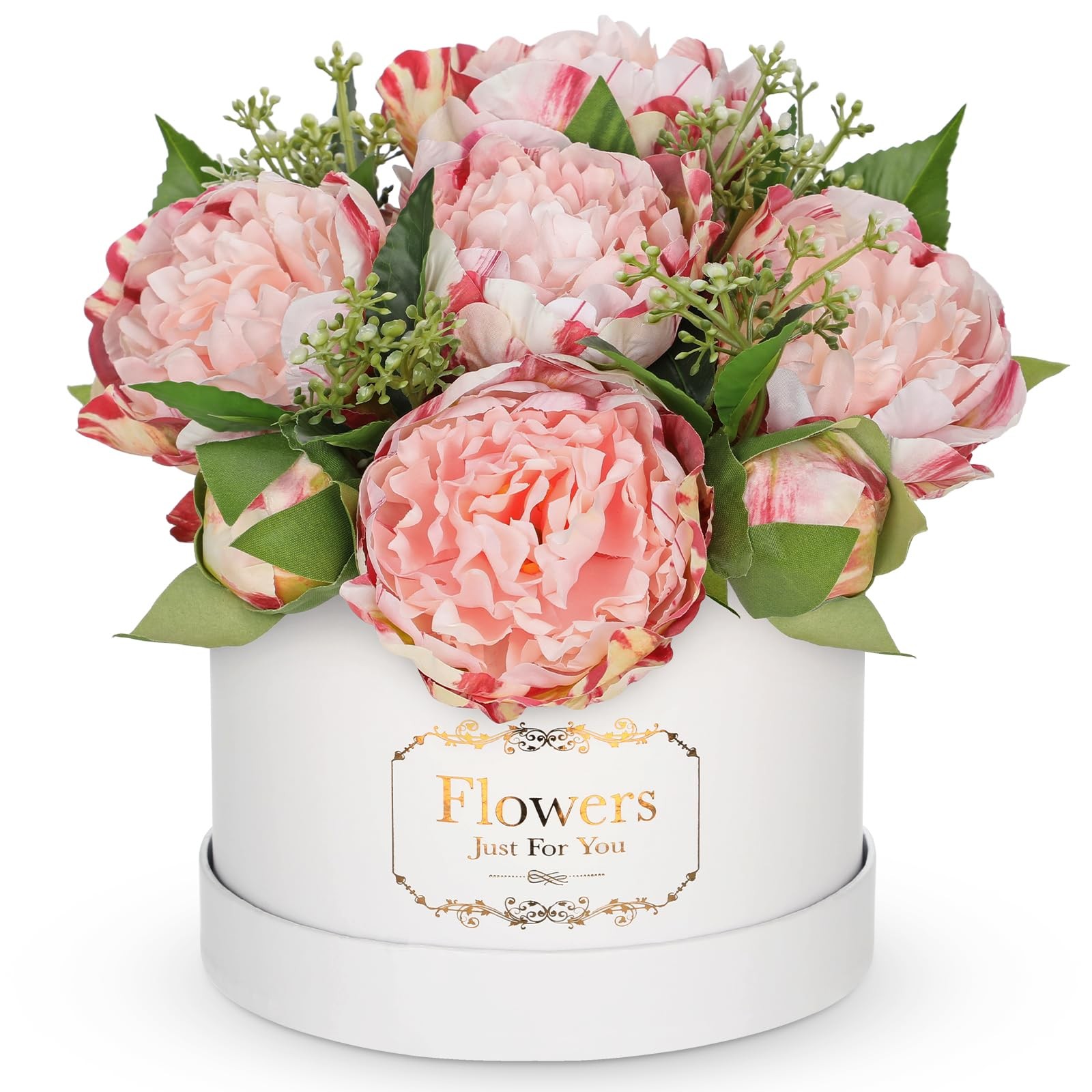 Pink Peonies Artificial Flowers in Vase Round Gift Boxes Fake Arrangements