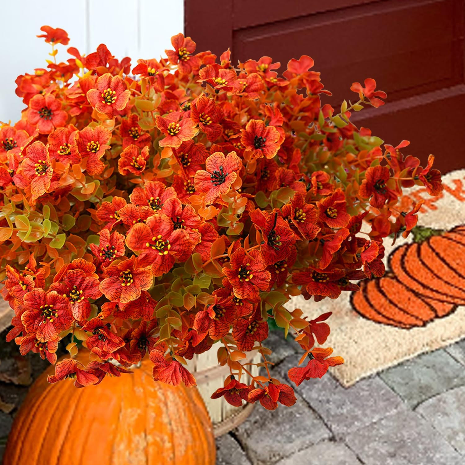 UV Resistant Artificial Flowers – 16 Bundle Fall Red Silk Plants for Home Decor