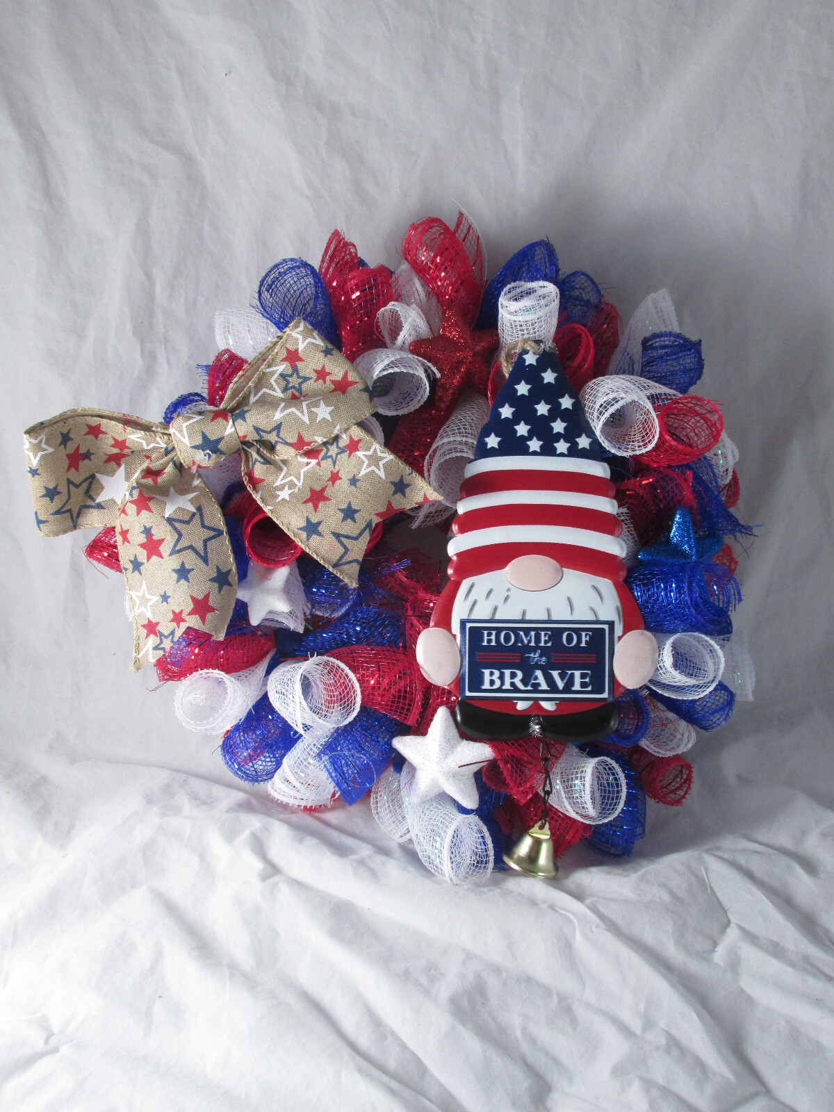 Patriotic Stars and Stripes Curly Deco Mesh Knome Wreath