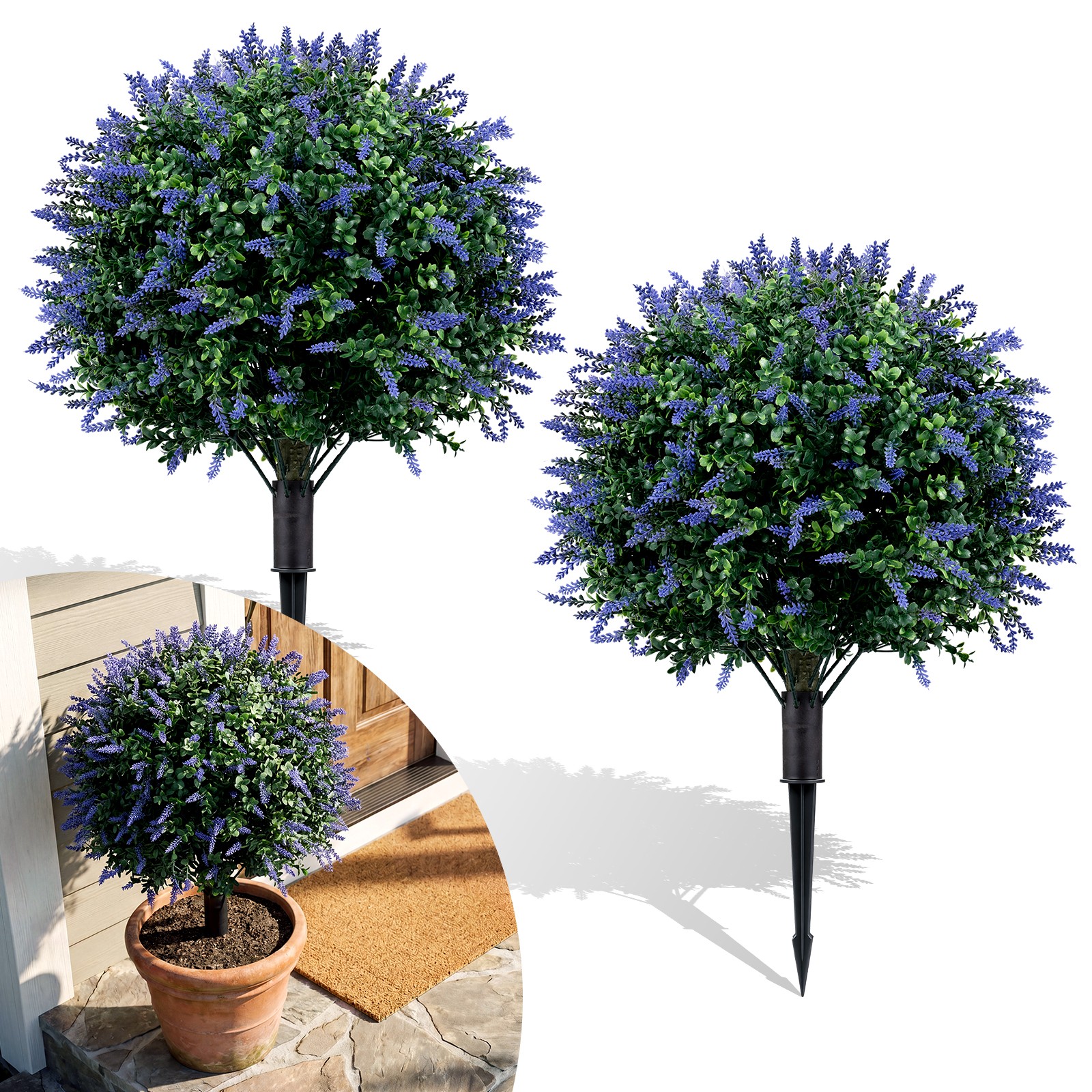 2Pack Artificial Lavender Boxwood Topiary Ball Trees, Faux Floral Shrubs, Patio