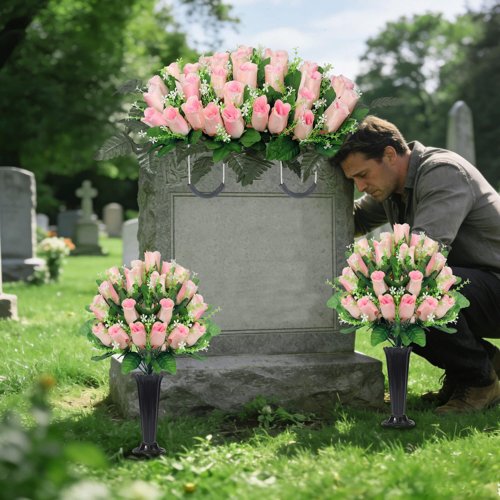 Wocst Cemetery Flowers for Grave,Headstone Flower Saddle with 2 Sets Grave Ro…