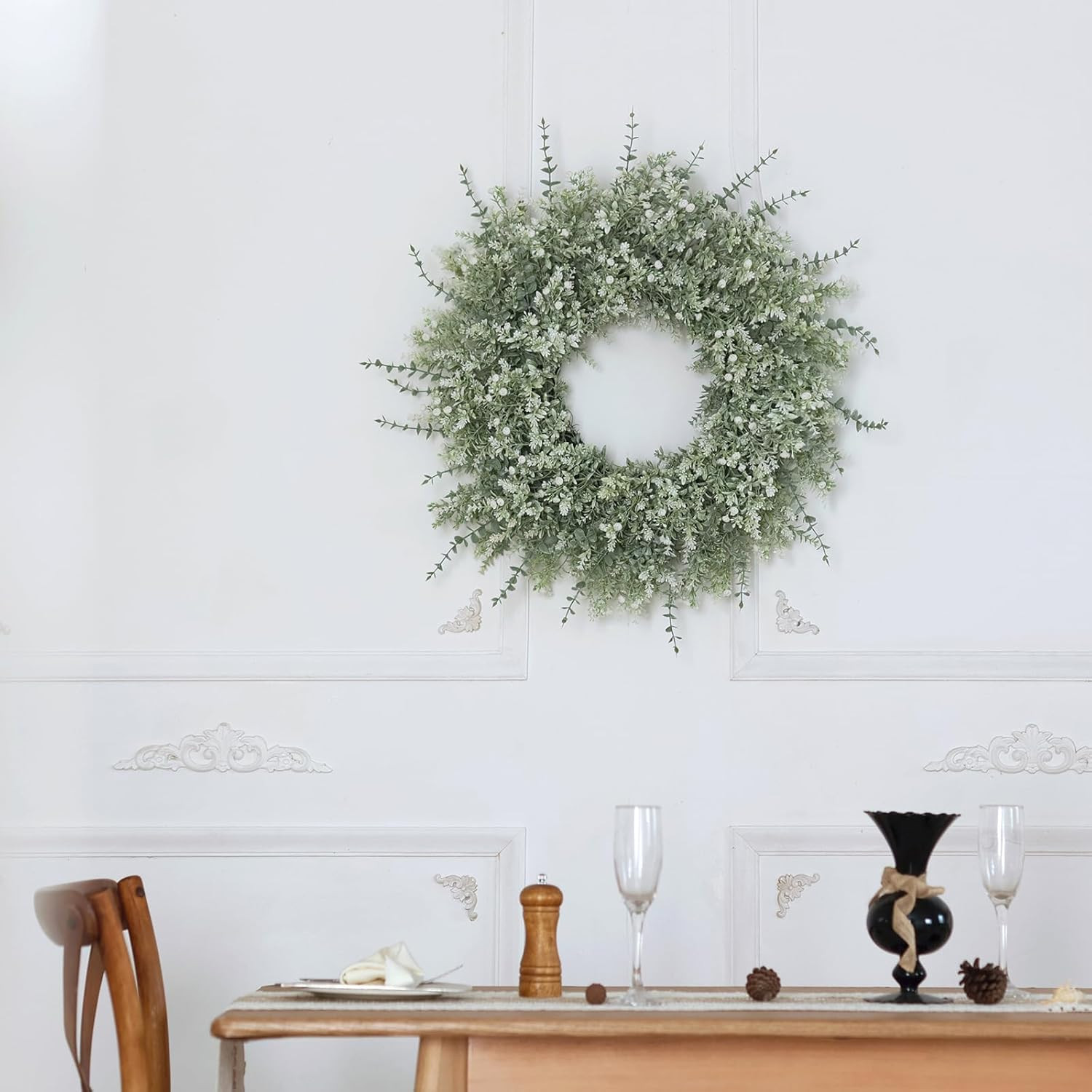 26”Large Artificial Eucalyptus Wreath for Front Door(White-Green) | Weather Res