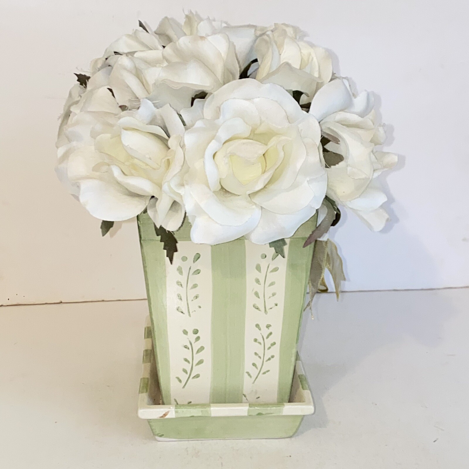 White Rose Floral Arrangement in Green & White Ceramic Holder Vase Planter