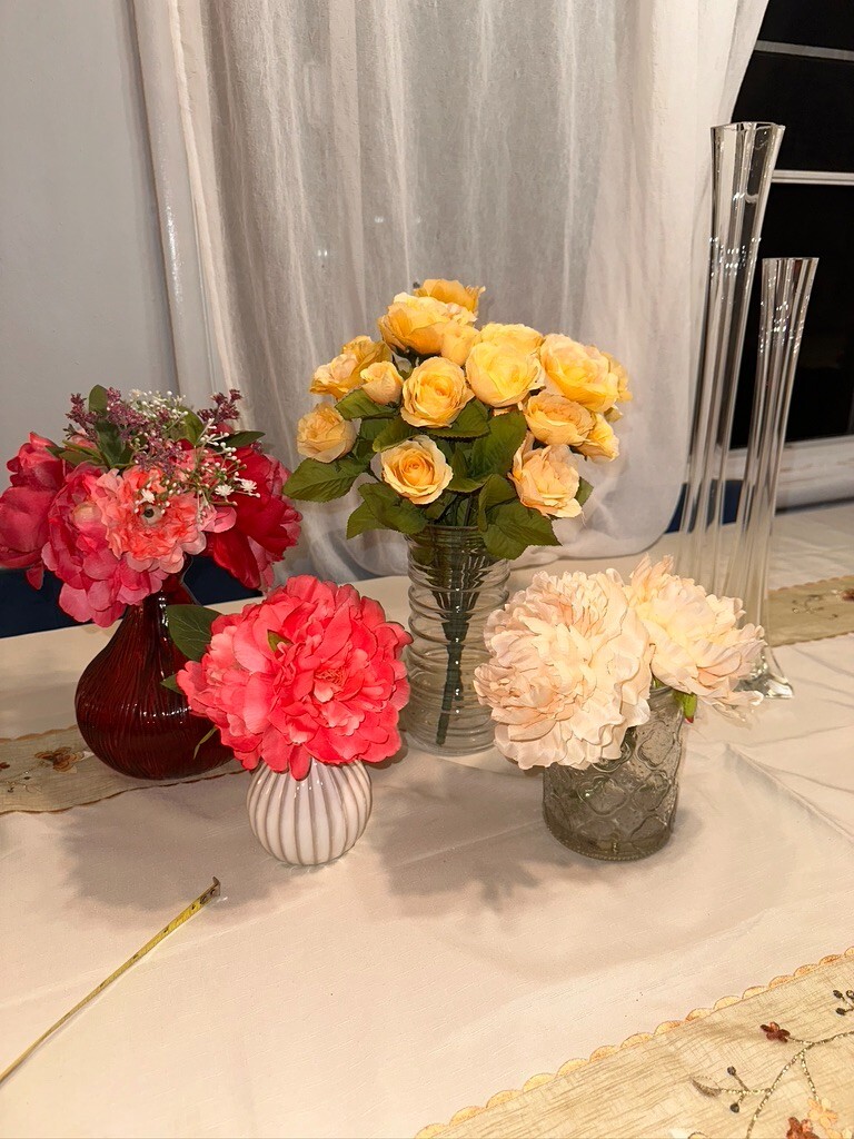 2 set 14″ Tall 14 Stems Yellow Roses Artificial Flowers Blossom Silk glass vase