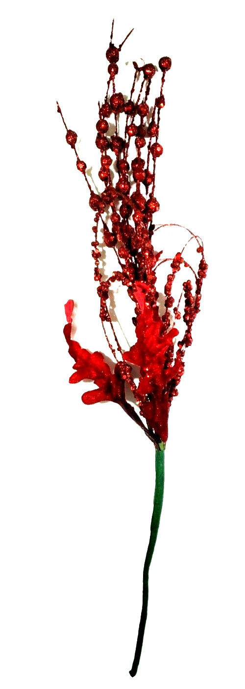 Red Glittered Velvet Leaf & Ball Picks Very Glittery 18″ Tall Set of 7